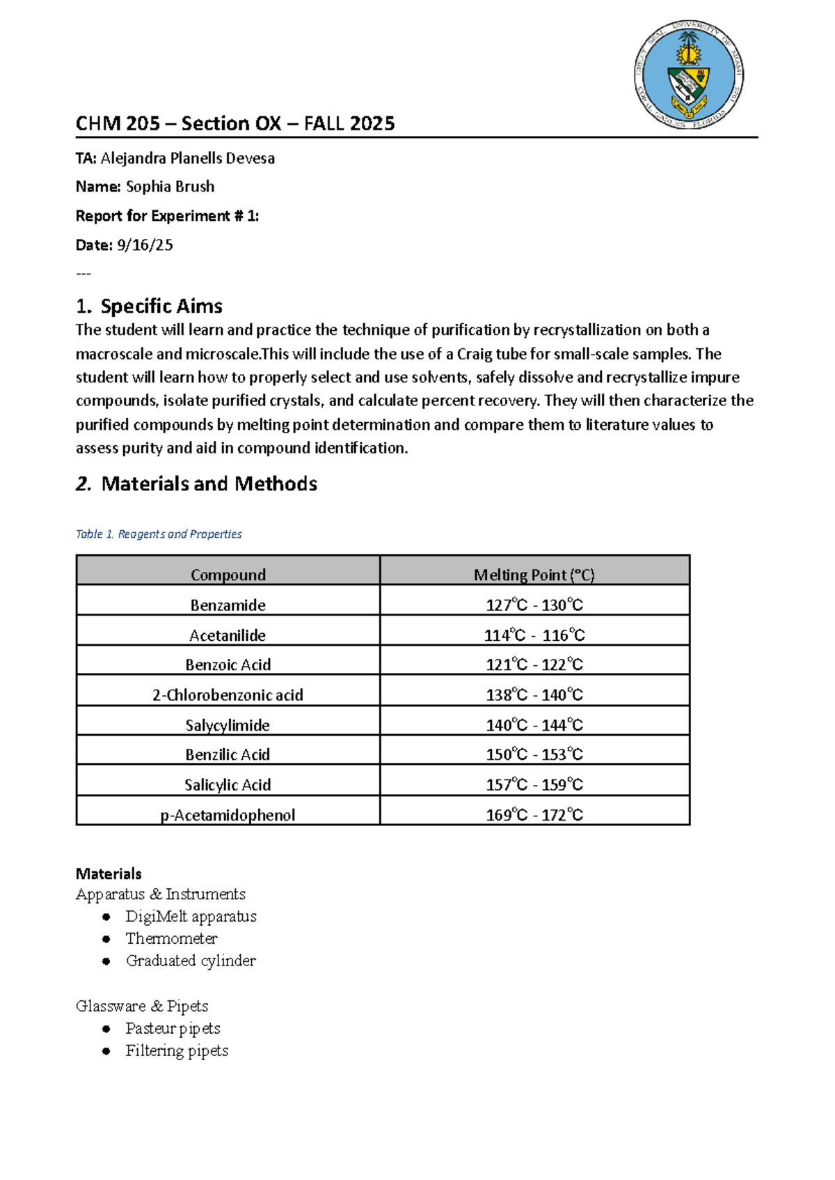 CHM 205 Experiment 1 Report: Purification via Recrystallization - Studocu