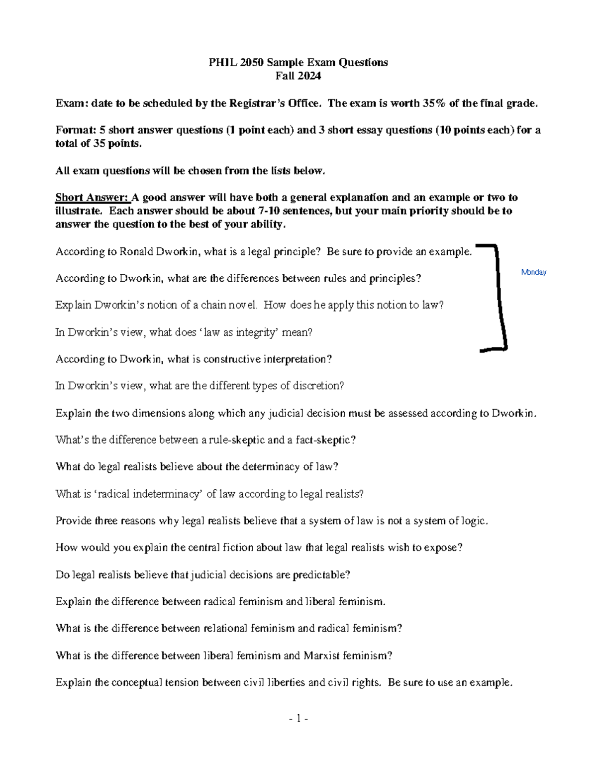 PHIL 2050 Sample Exam Questions - Fall 2024 - 1 - PHIL 2050 Sample Exam ...