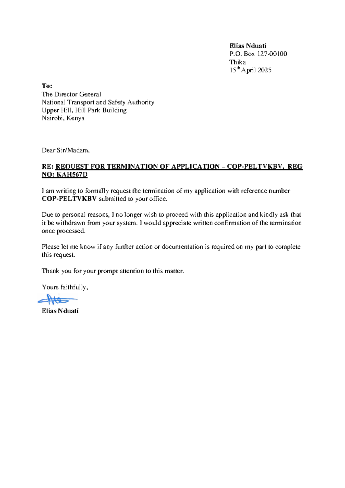 Request for Termination of Application - KAH567D by Elias Nduati - Studocu