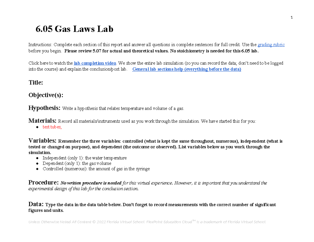 6.05 Gas Laws Lab Report Instructions and Analysis - Studocu
