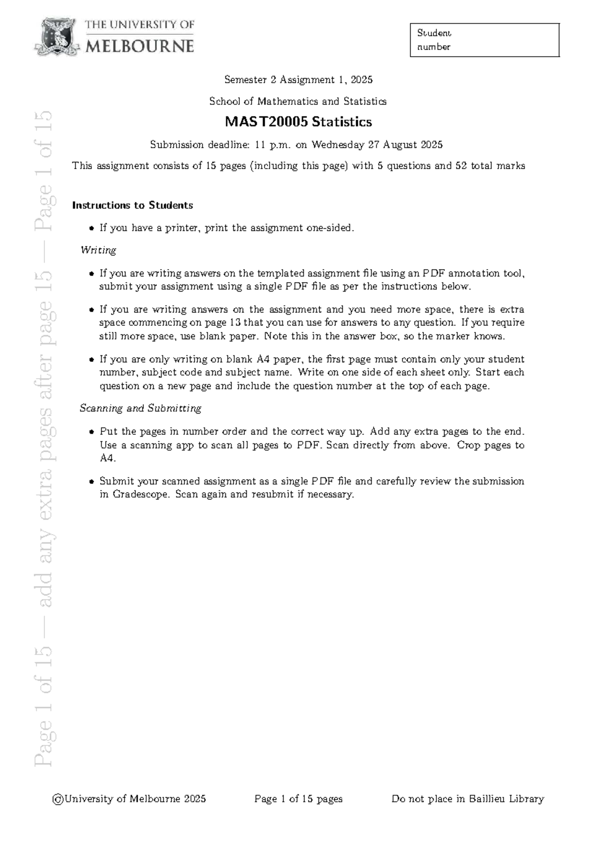 MAST2000 Semester 2, 2025 Assignment 1 Guidelines and Questions - Studocu