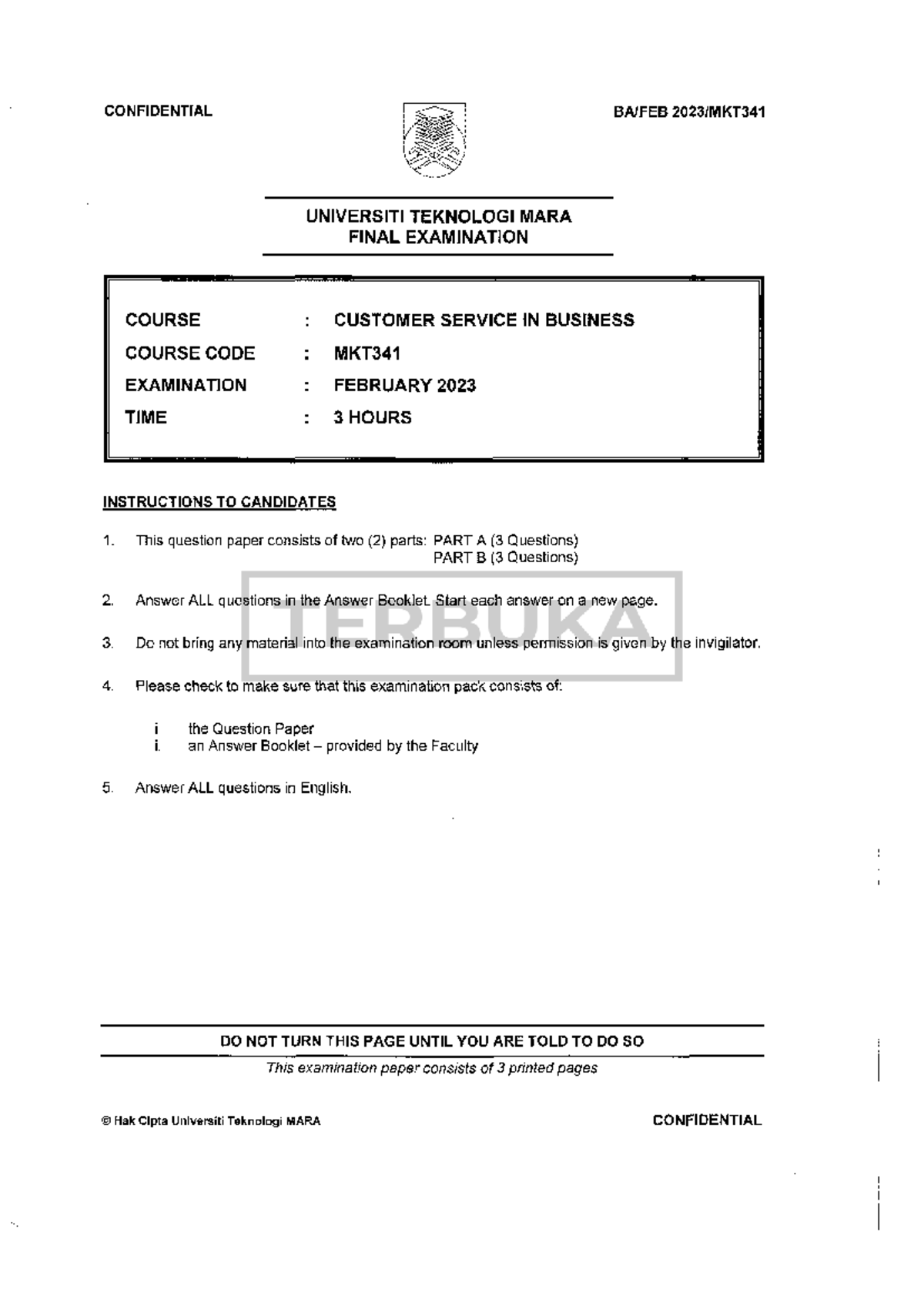 MKT341 Final Exam: Customer Service in Business - Feb 2023 - Studocu