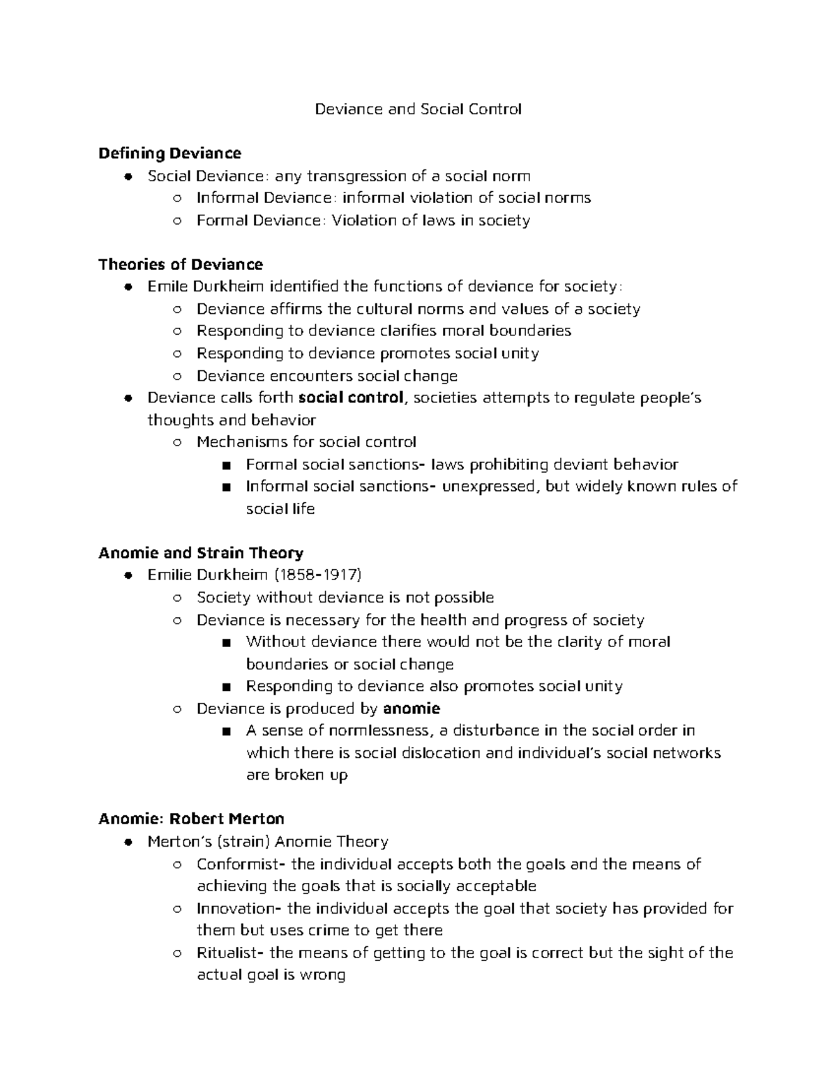Soc 101 Ch 6: Deviance and Social Control Notes - Studocu