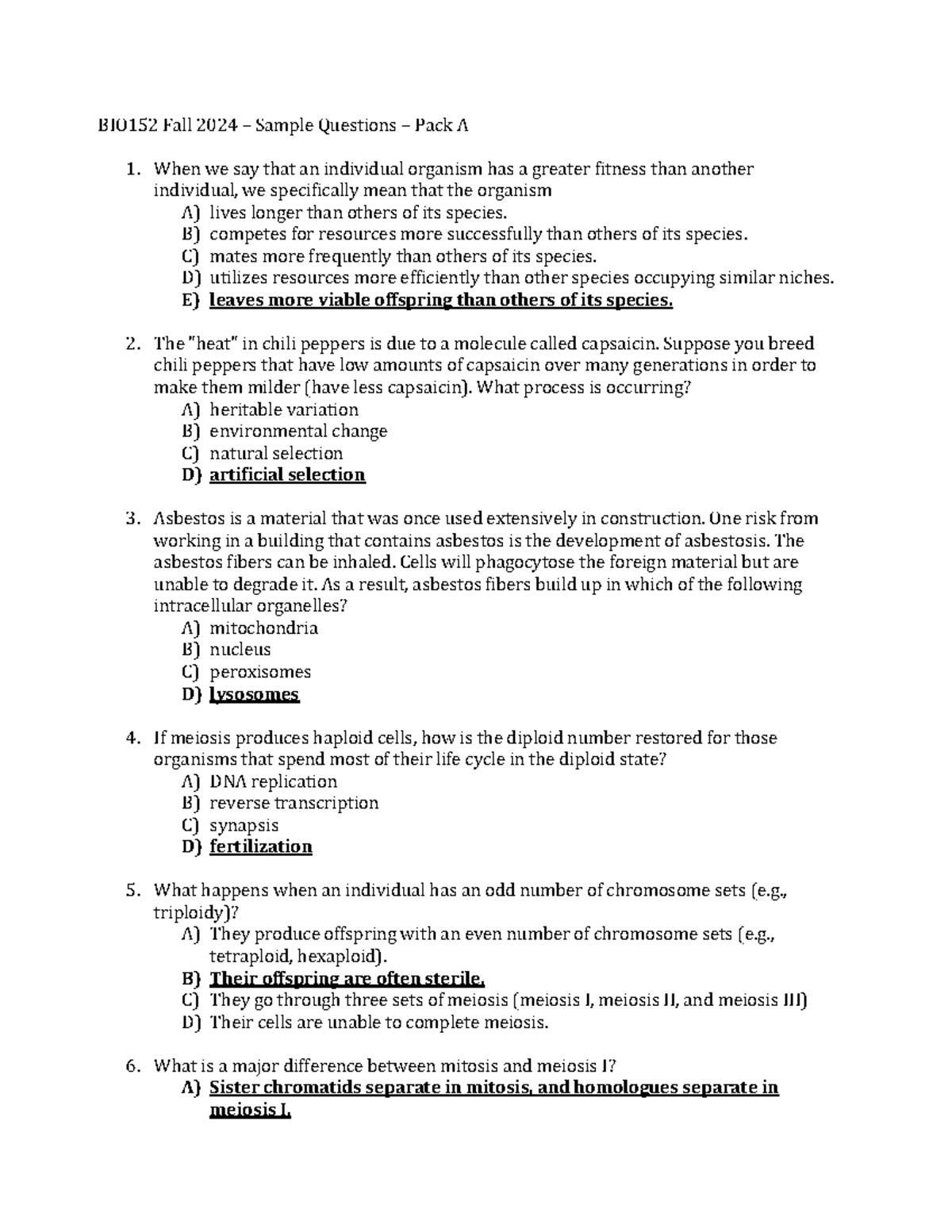 BIO152 Fall 2024 Final Exam - Sample Pack A - Answers - BIO152 Fall 202 ...