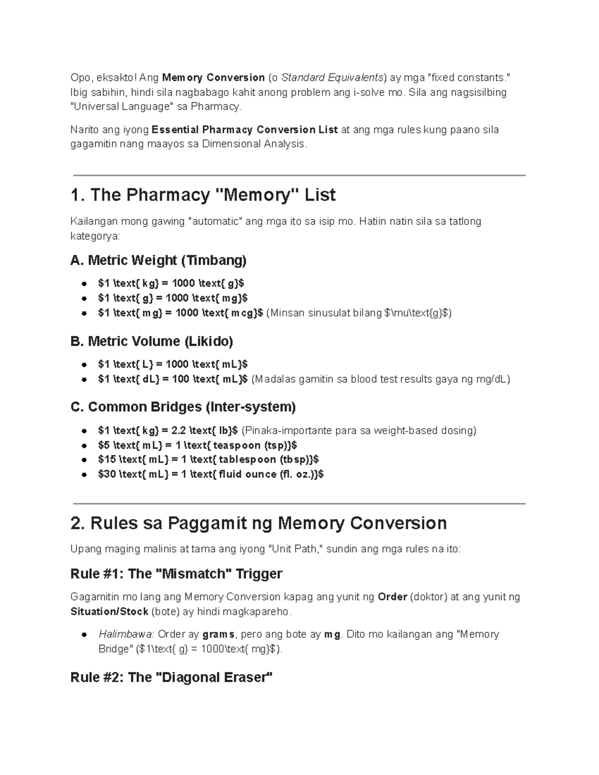 Essential Pharmacy Conversion List & Rules for Dimensional Analysis ...