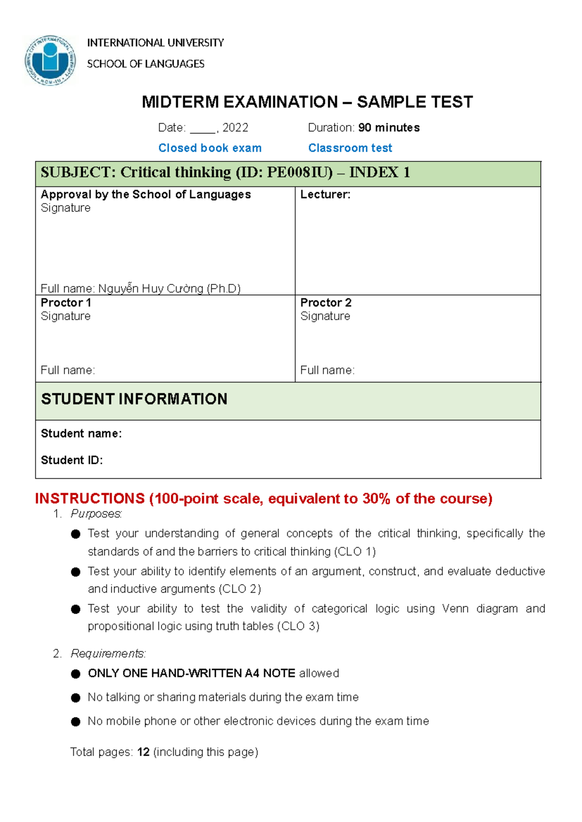 Midterm Exam Sample - Critical Thinking (PE008IU) Insights - Studocu