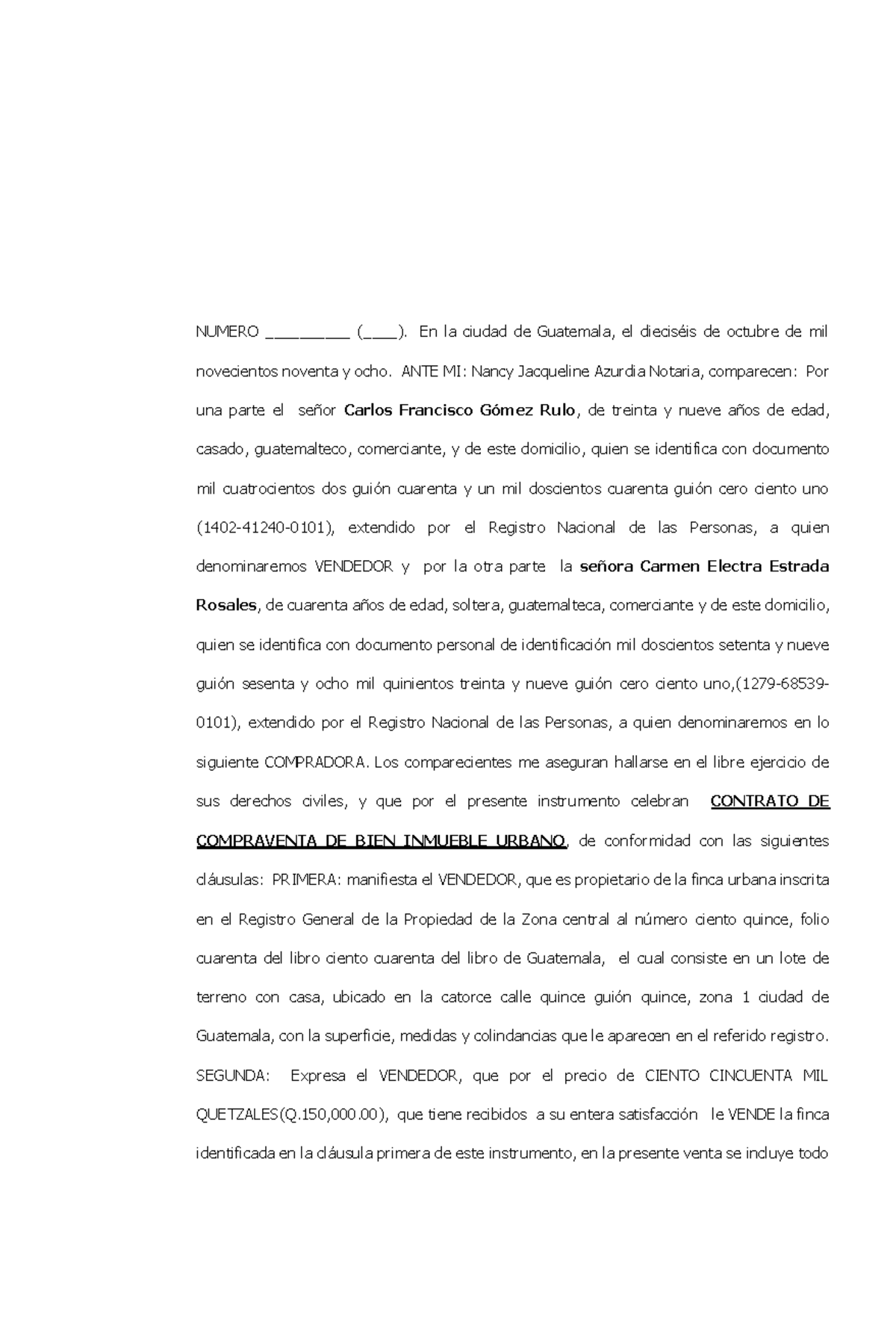 Contrato de Compraventa de Bien Inmueble Urbano en Guatemala - Document Preview