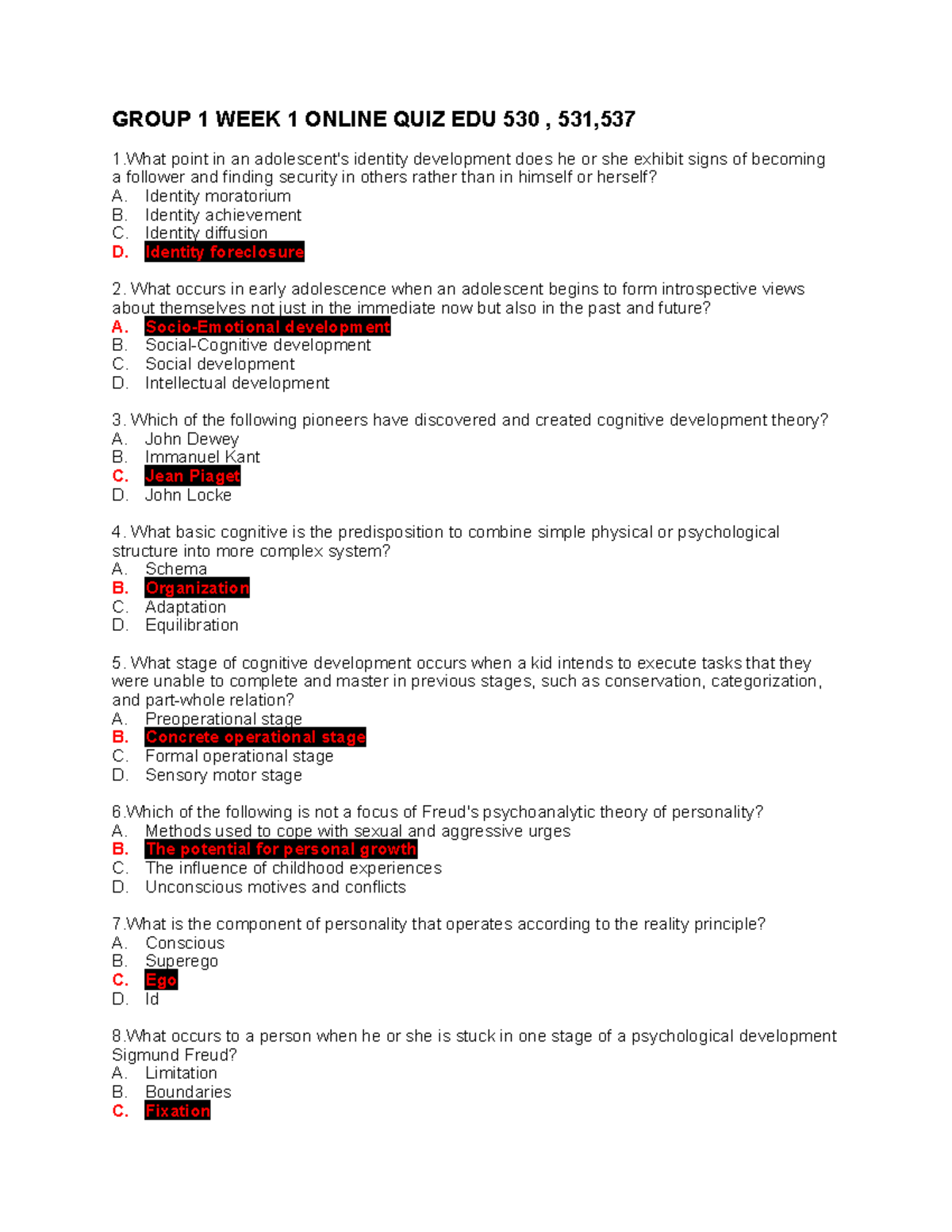 GROUP 1 WEEK 1 ONLINE QUIZ ANSWER KEY - EDU 530, 531, 537 - Studocu