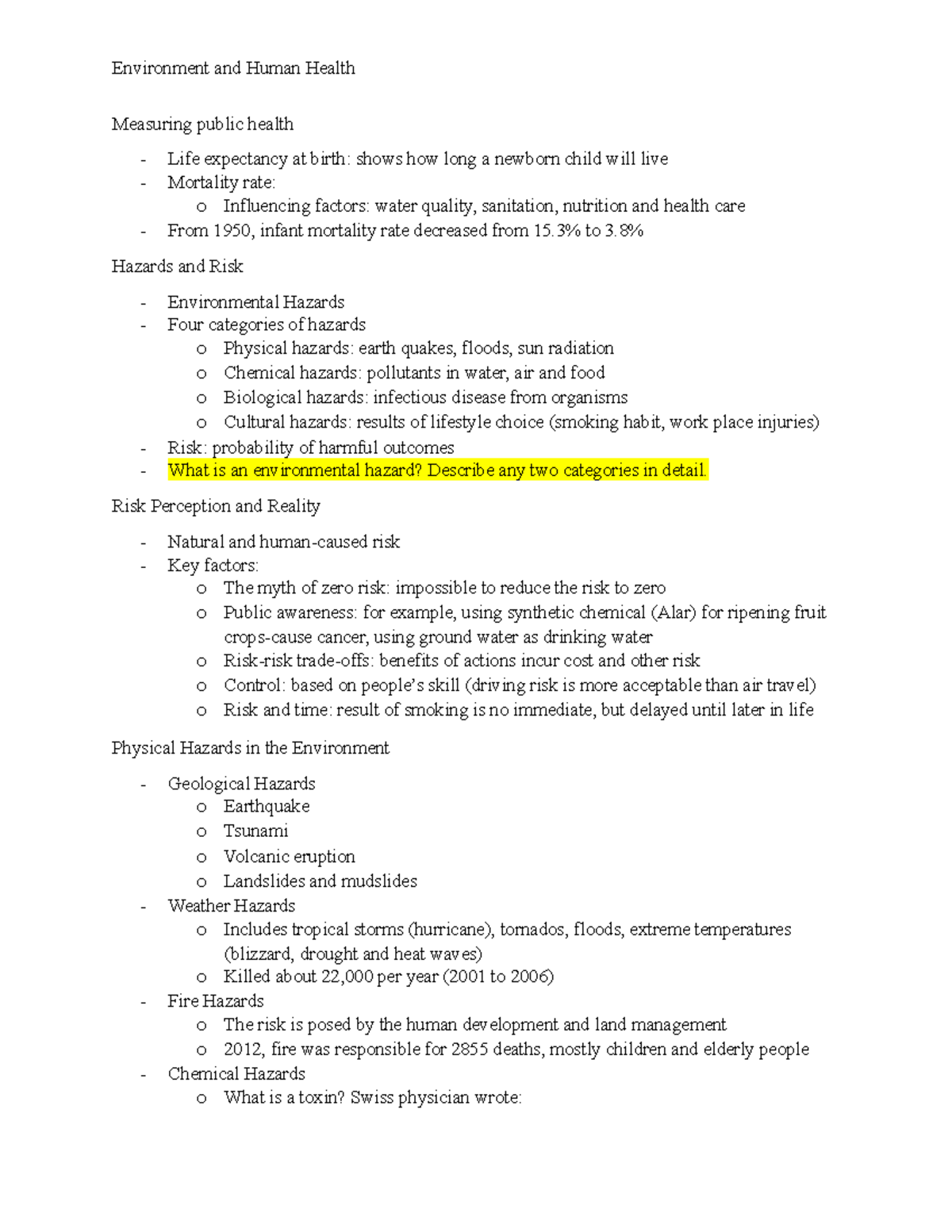 Environment and Human Health: Insights on Hazards and Risks - Exam 3 ...