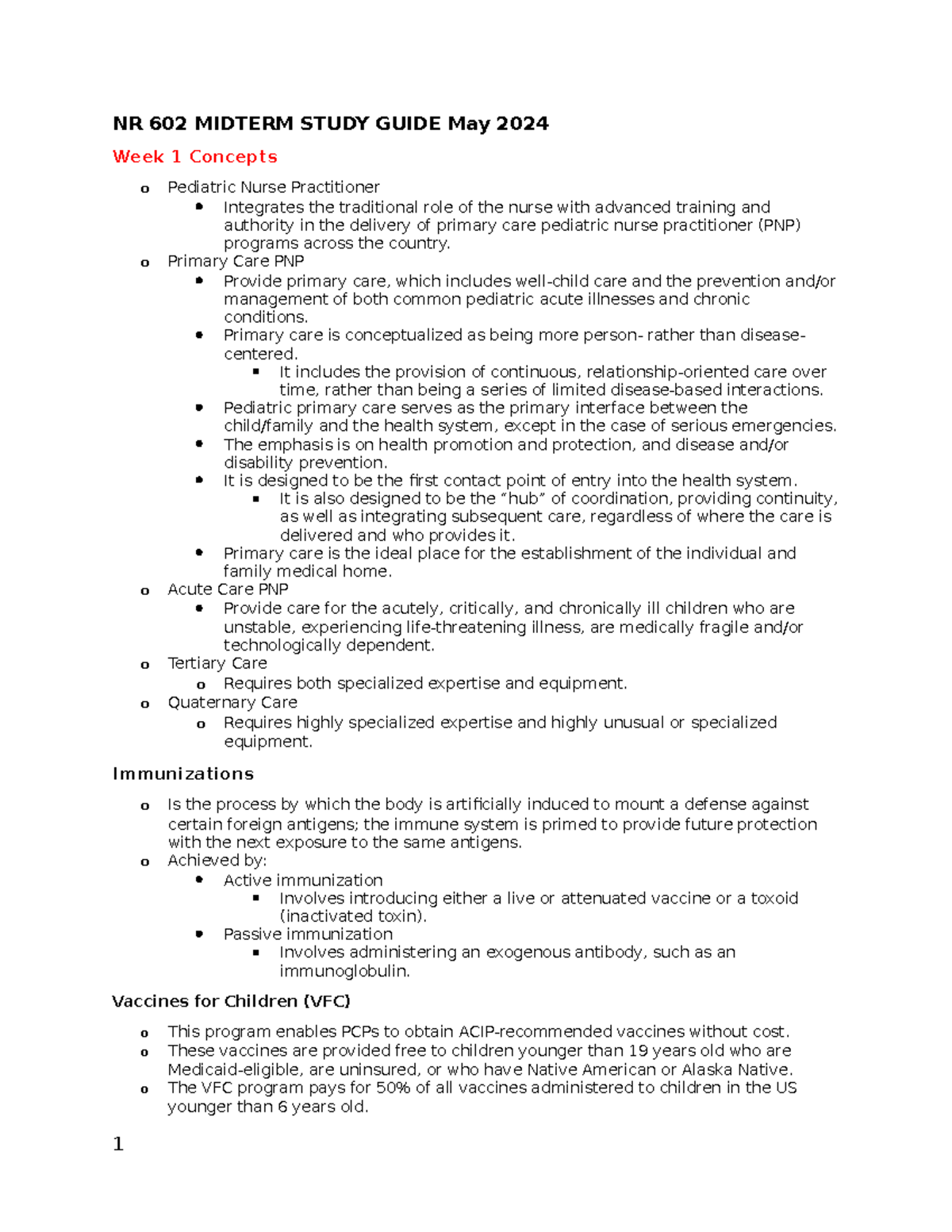 NR 602 Midterm Study Guide: Pediatric Nursing Concepts & Vaccination ...