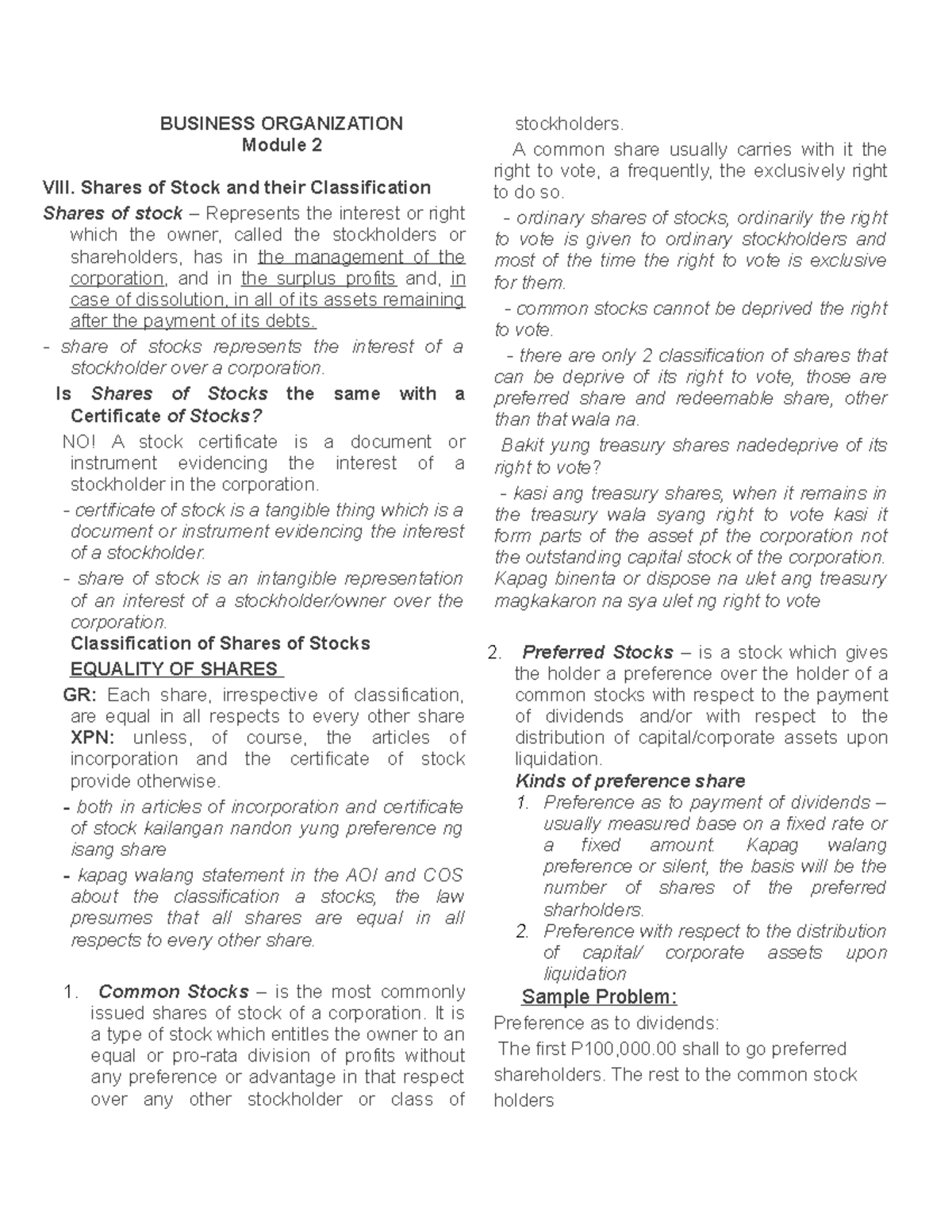 Module 2 - Shares of Stock: Classification & Characteristics - Studocu