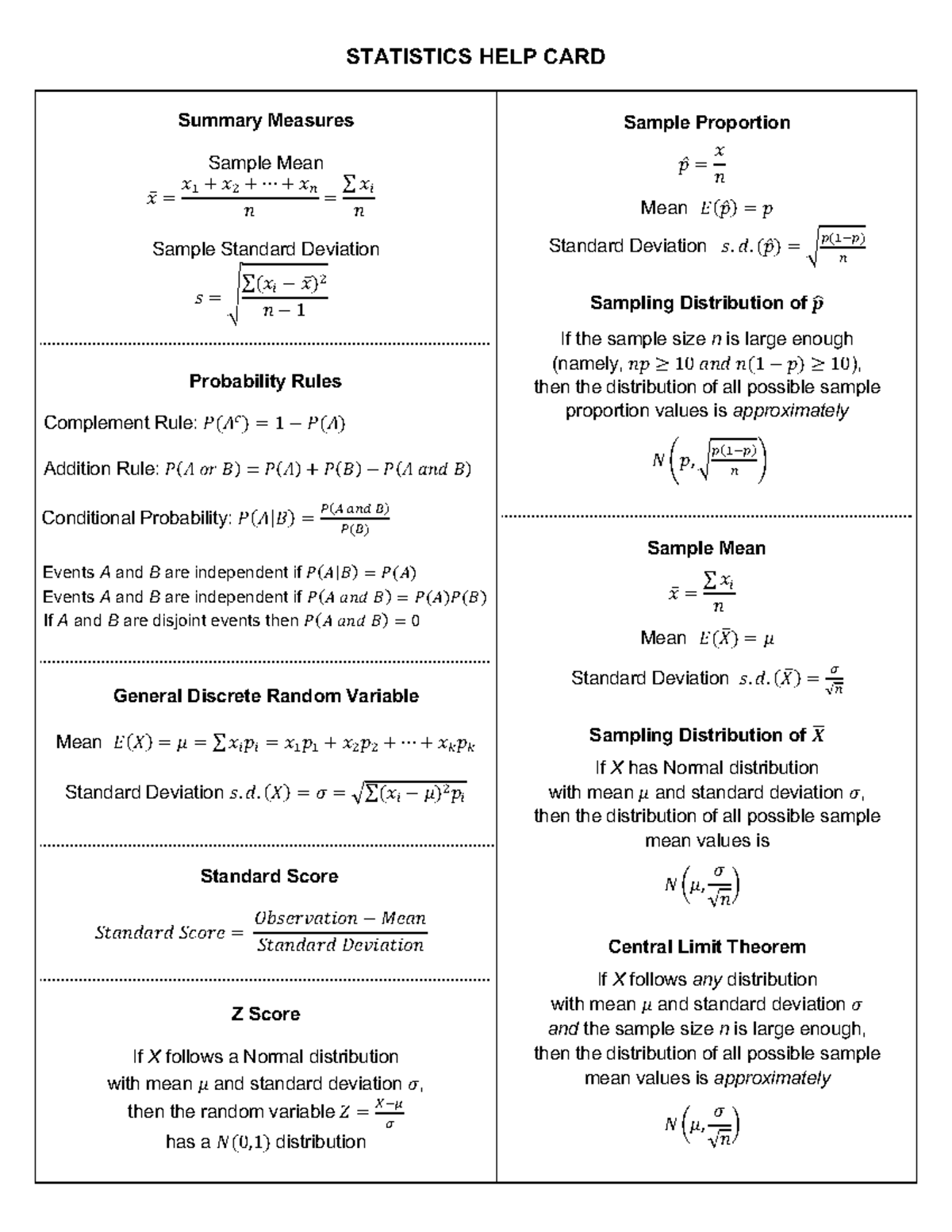 Statistics Formulas Help Card for Course STAT 101 - Studocu