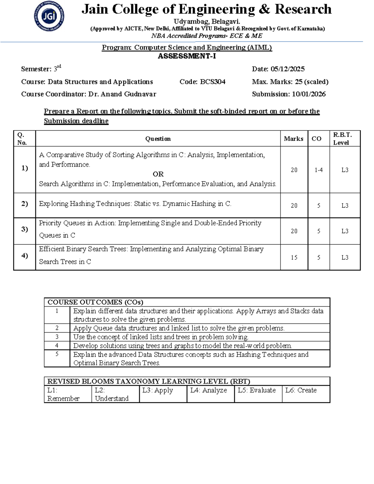 DSA Assignment - BCS304: Sorting & Hashing Algorithms Analysis - Studocu