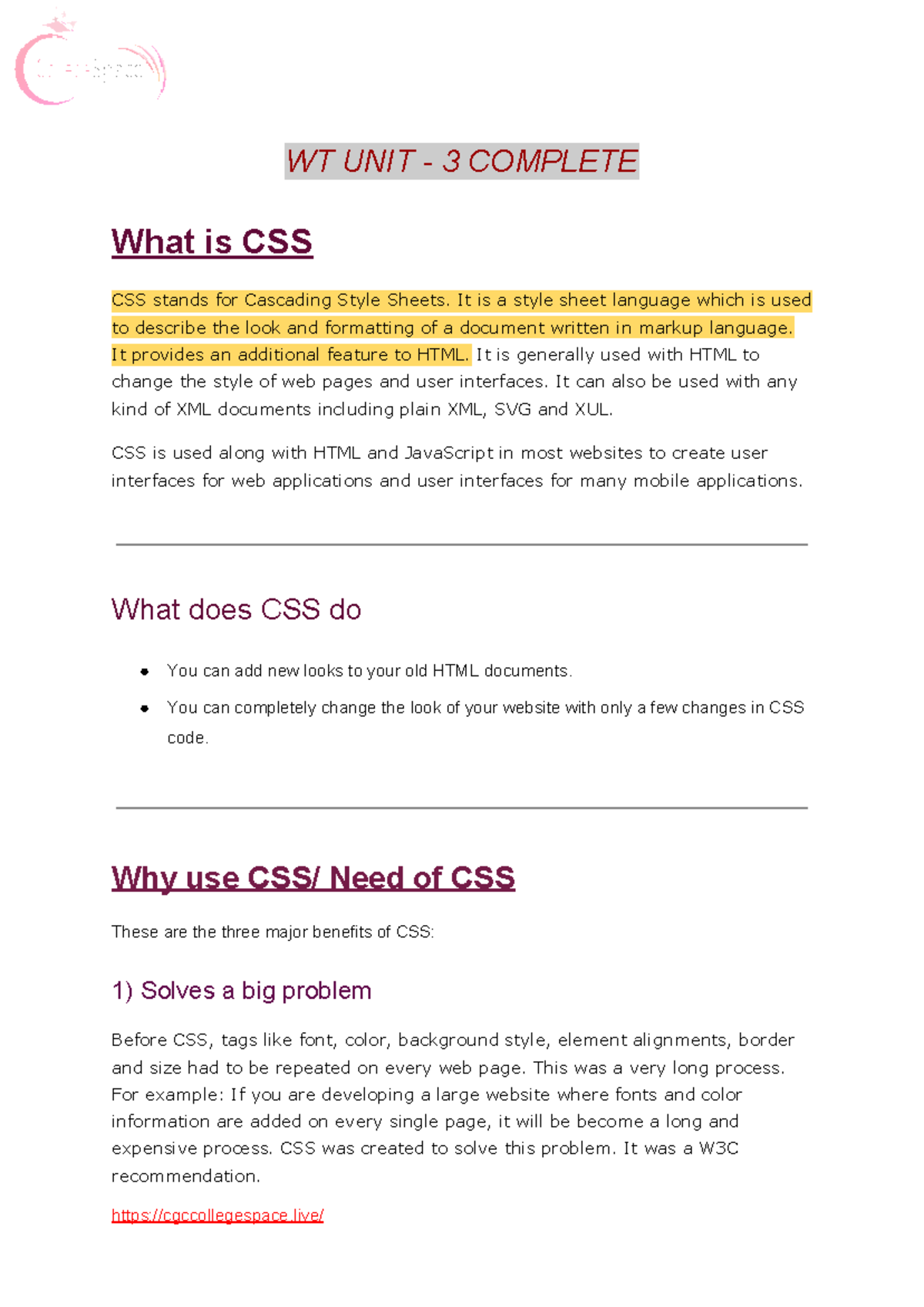 WT UNIT-3 - Comprehensive Notes on CSS in Web Technologies - Studocu