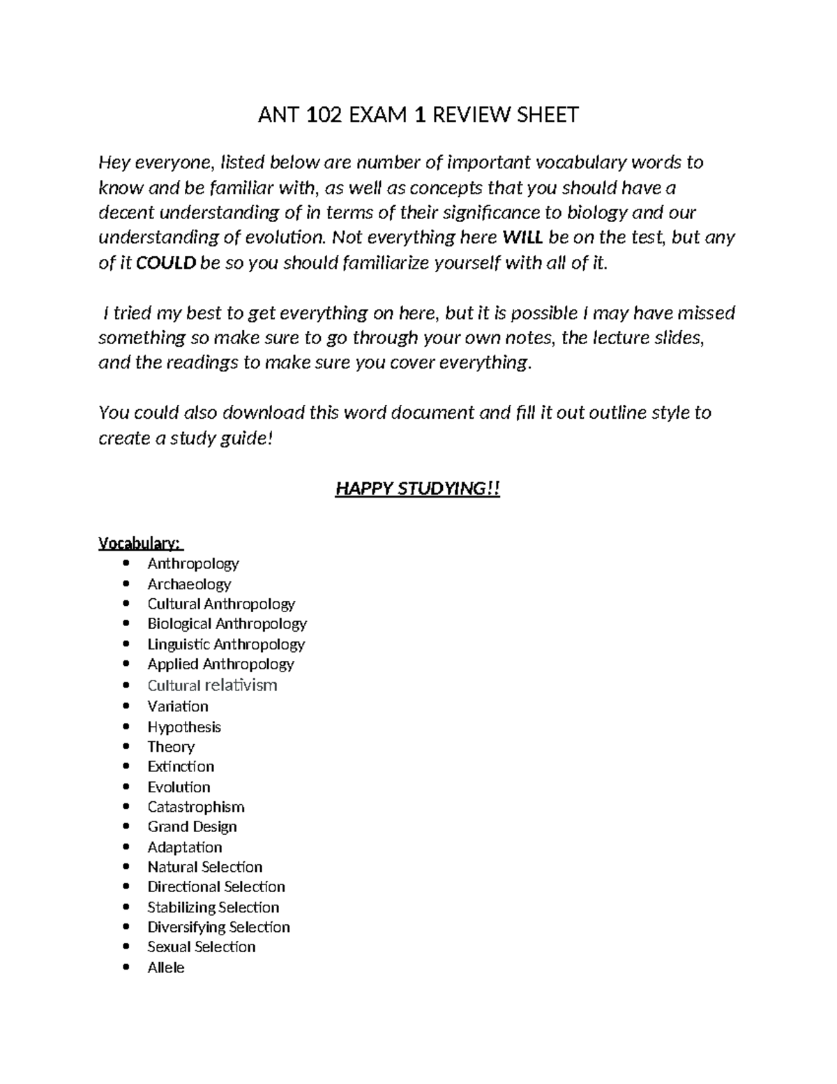 ANT 102 EXAM 1 Study Guide: Key Concepts & Vocabulary - Studocu