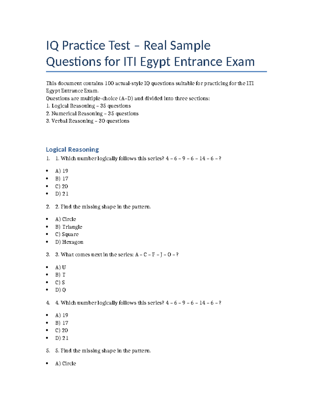 Real IQ Practice Test: Sample Questions for ITI Egypt Exam - Studocu