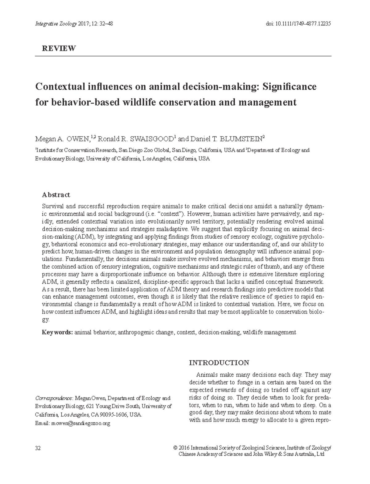 Integrative Zoology 12: Contextual Influences on Animal Decision-Making ...