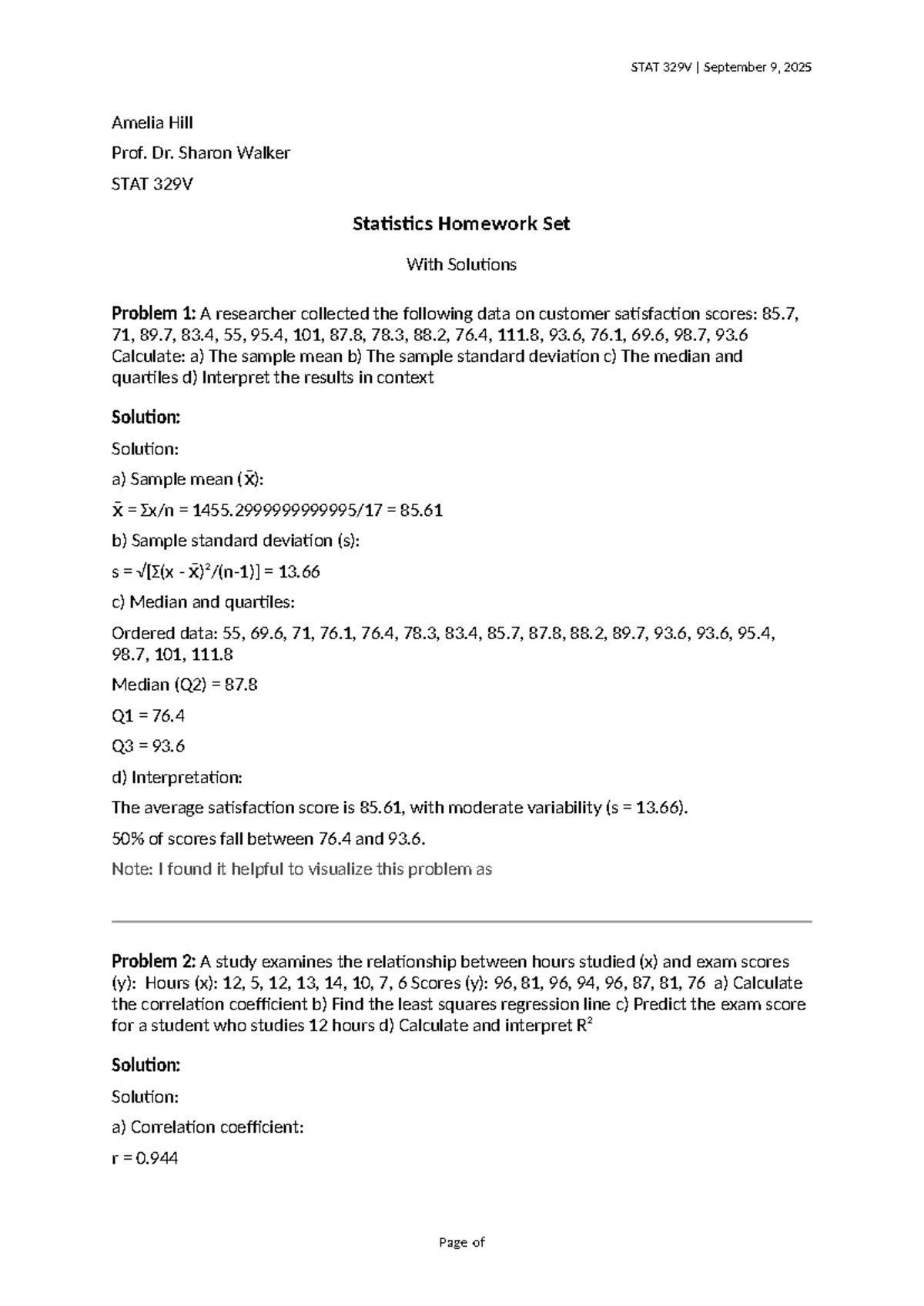 STAT 329V Statistics Homework Set with Solutions - September 2025 - Studocu