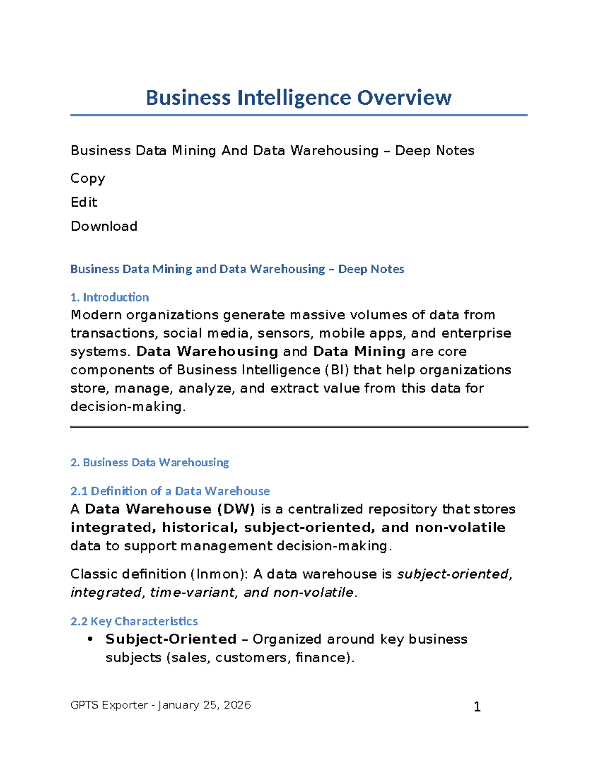 Business Intelligence Overview: Deep Notes on Data Mining & Warehousing ...
