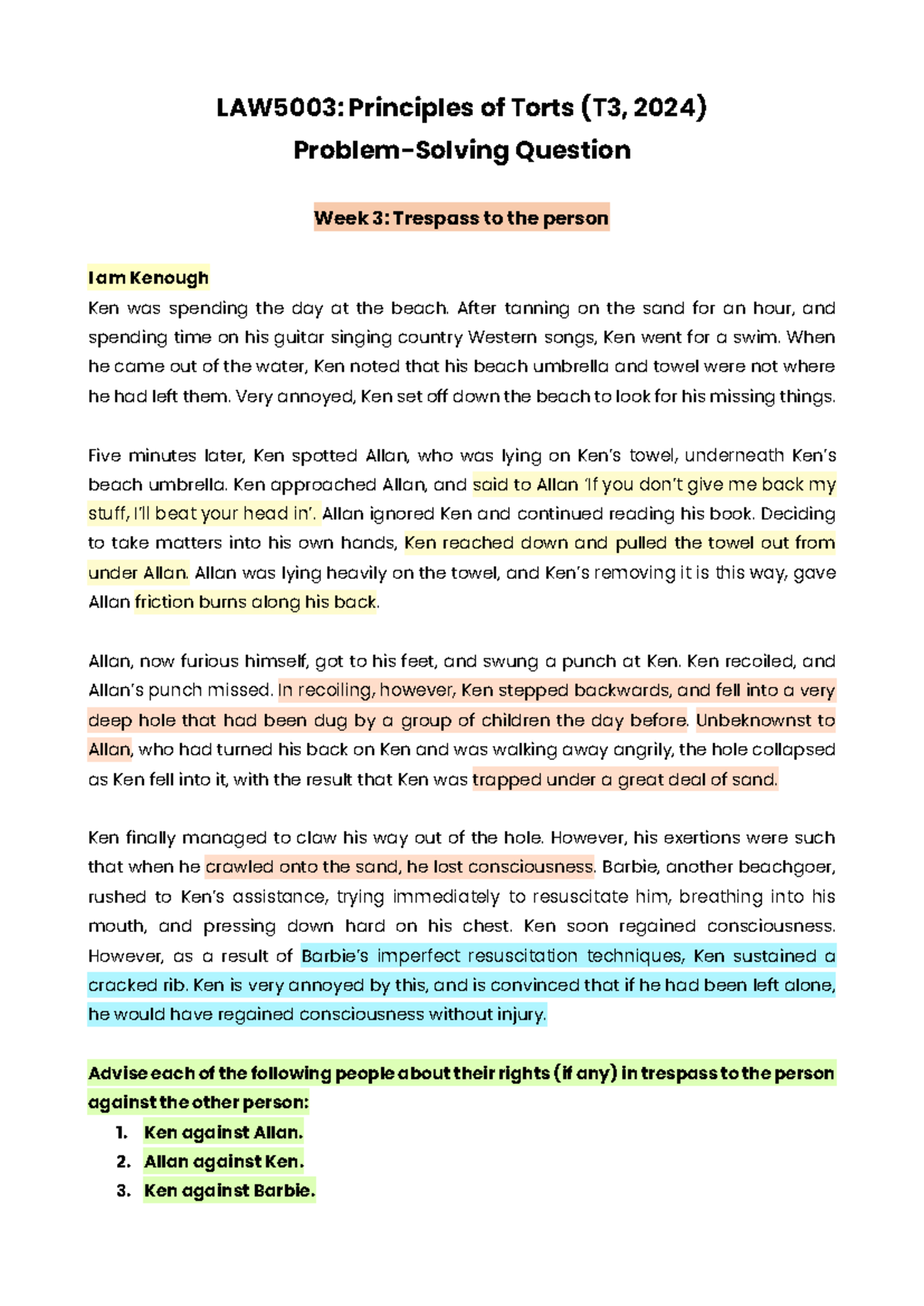 Updated Week 3 Problem-Solving Question - LAW5003: Principles of Torts ...