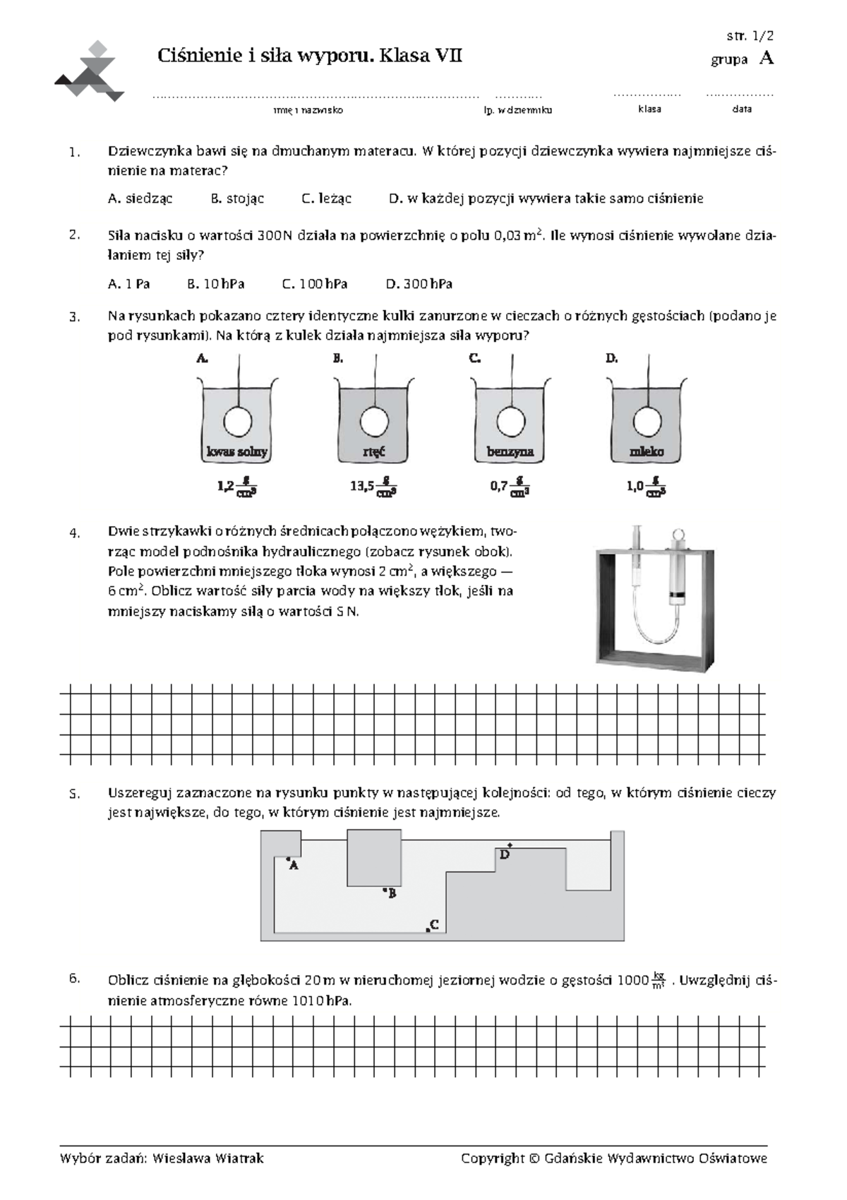 Sprawdzian Z Ciśnienia I Siły Wyporu Dla 2 Gim www.studocu.com