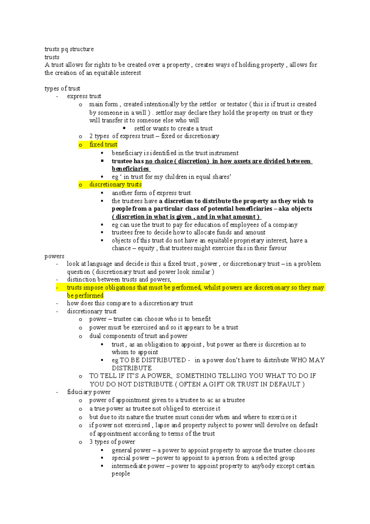 Trusts PQ Structure: Key Concepts in Equity and Wills Law - Studocu
