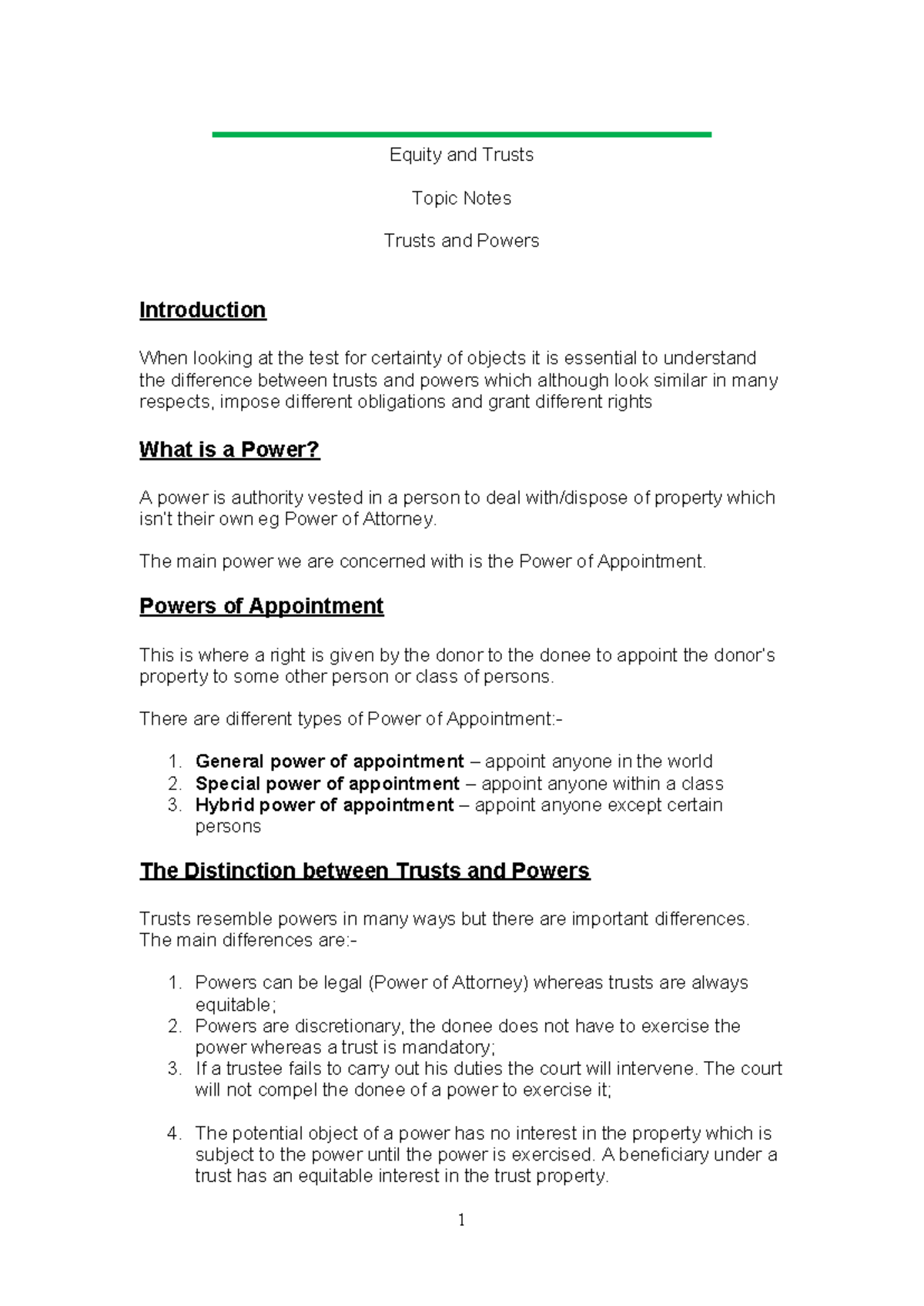 Trusts and Powers - Copy - Equity and Trusts Topic Notes Trusts and ...