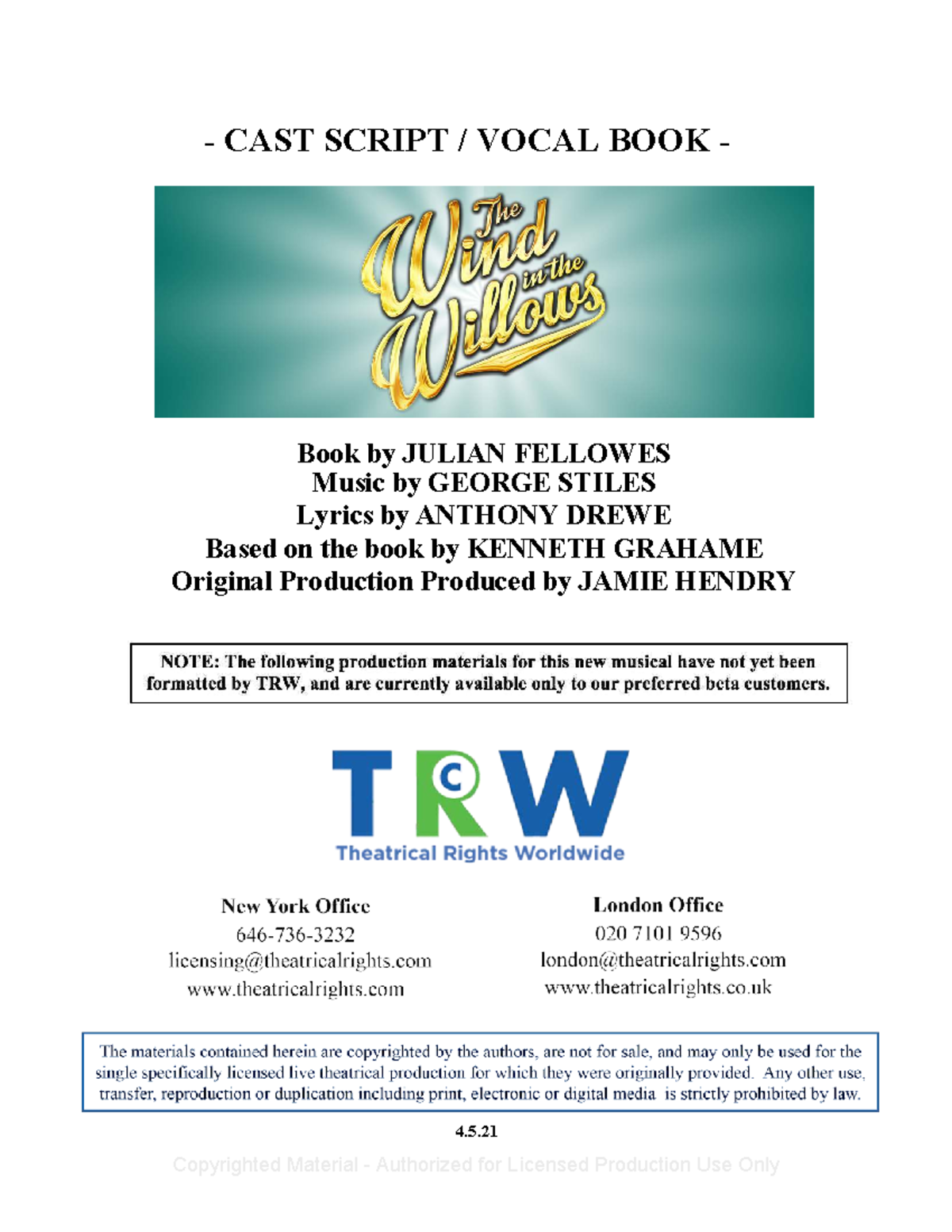 WIND IN THE WILLOWS CAST SCRIPT - JULIAN FELLOWES, GEORGE STILES ...