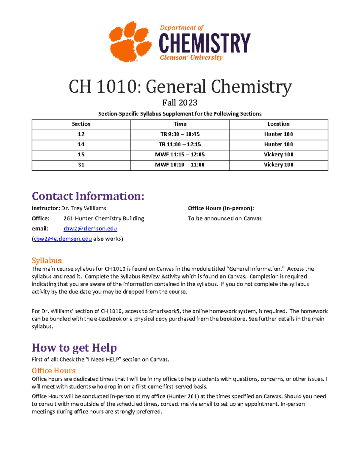 CH 1010 Final Exam Review: Section Syllabus by Dr. Williams Fall 2023 ...