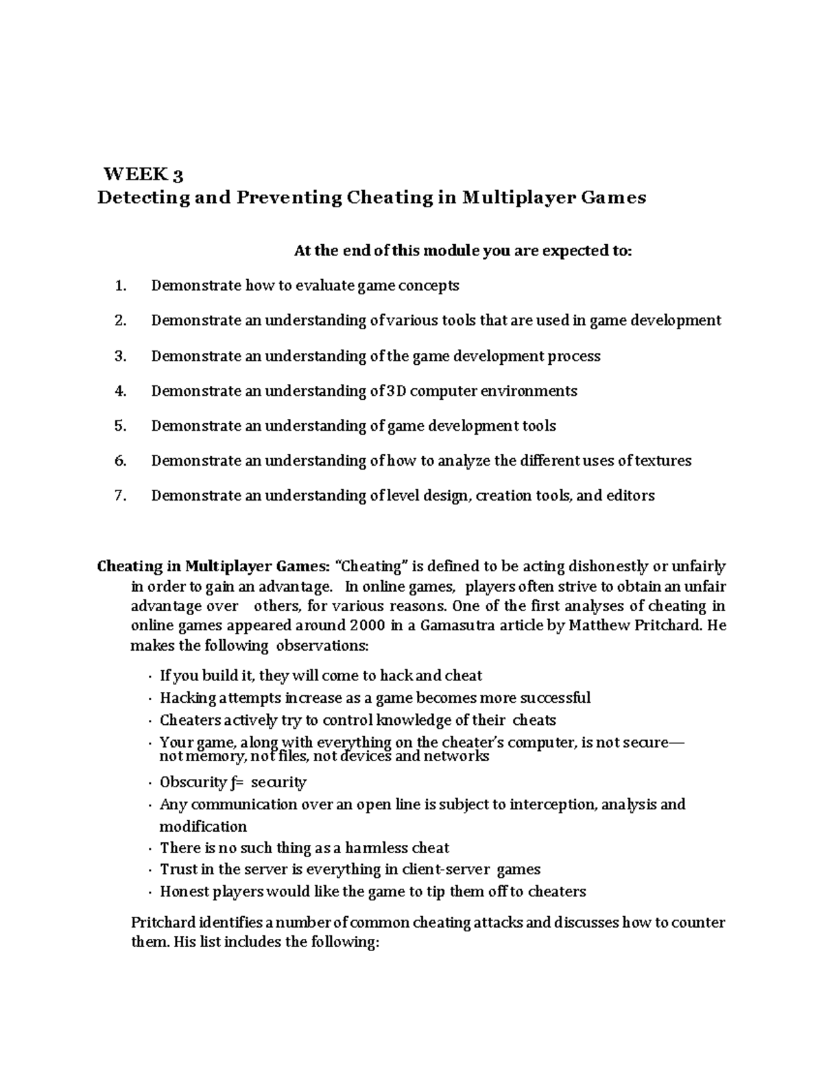 GAME Engine Programming 2: WEEK 3 - Cheating in Multiplayer Games - Studocu