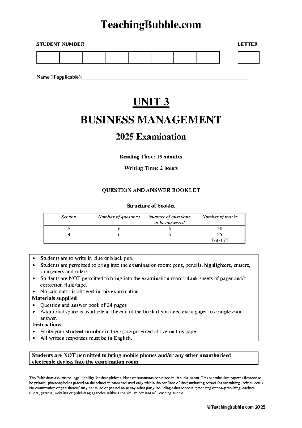 Unit 3 Business Management Exam - Teaching Bubble 2025 - Studocu