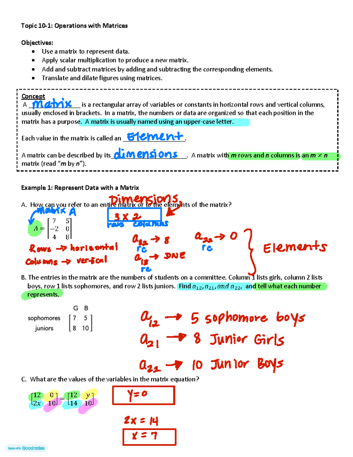 Operations with Matrices: Class Notes for Algebra 2 (10 - 10.1) - Studocu