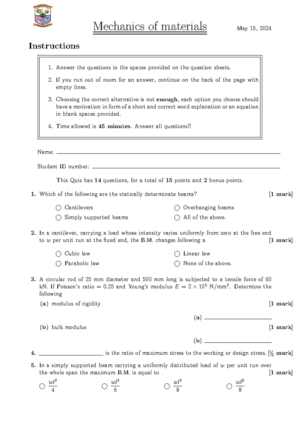 EM 330 Quiz 1 2024 - Data for you - Mechanics of materials May 15, 2024 ...