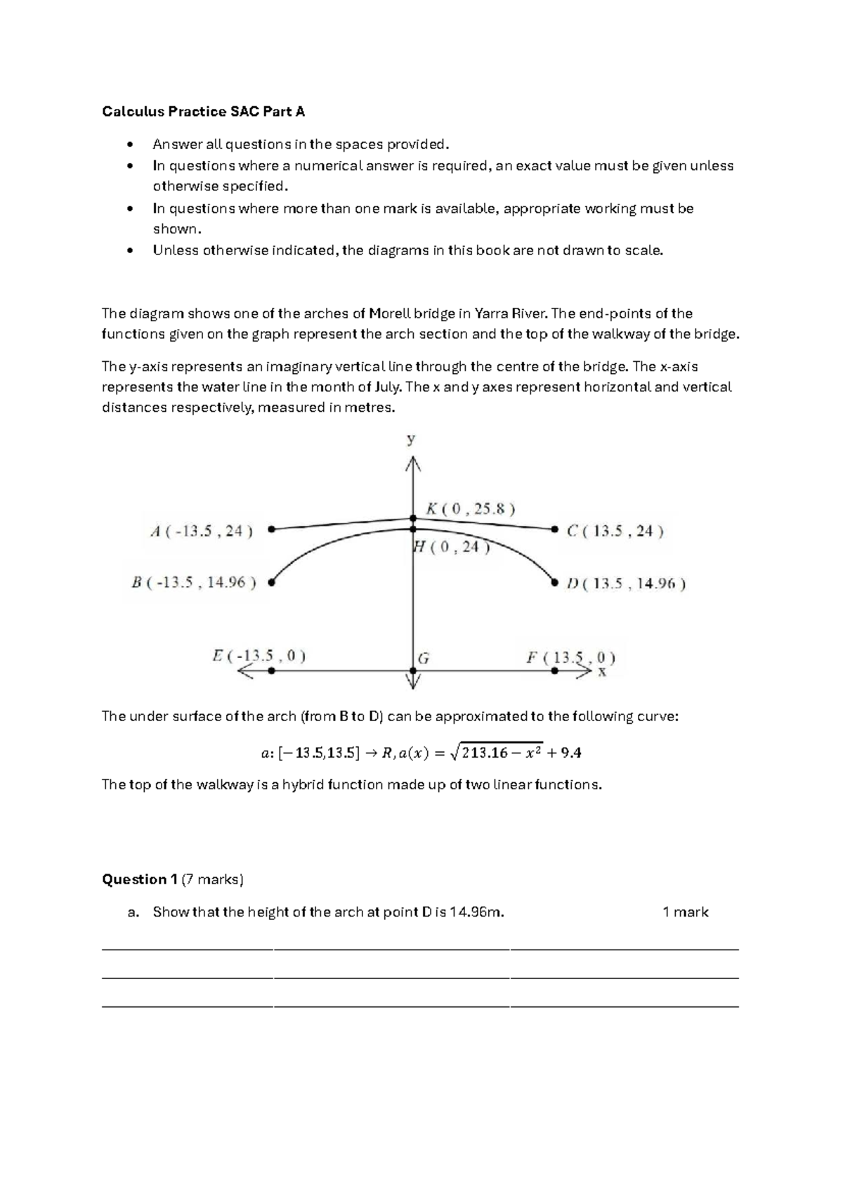 Calculus Practice SAC Part A: Arch and Riverbed Analysis - Studocu