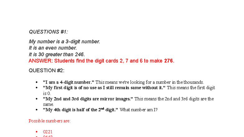 Digits Card Practice Questions and Answers for Effective Learning - Studocu
