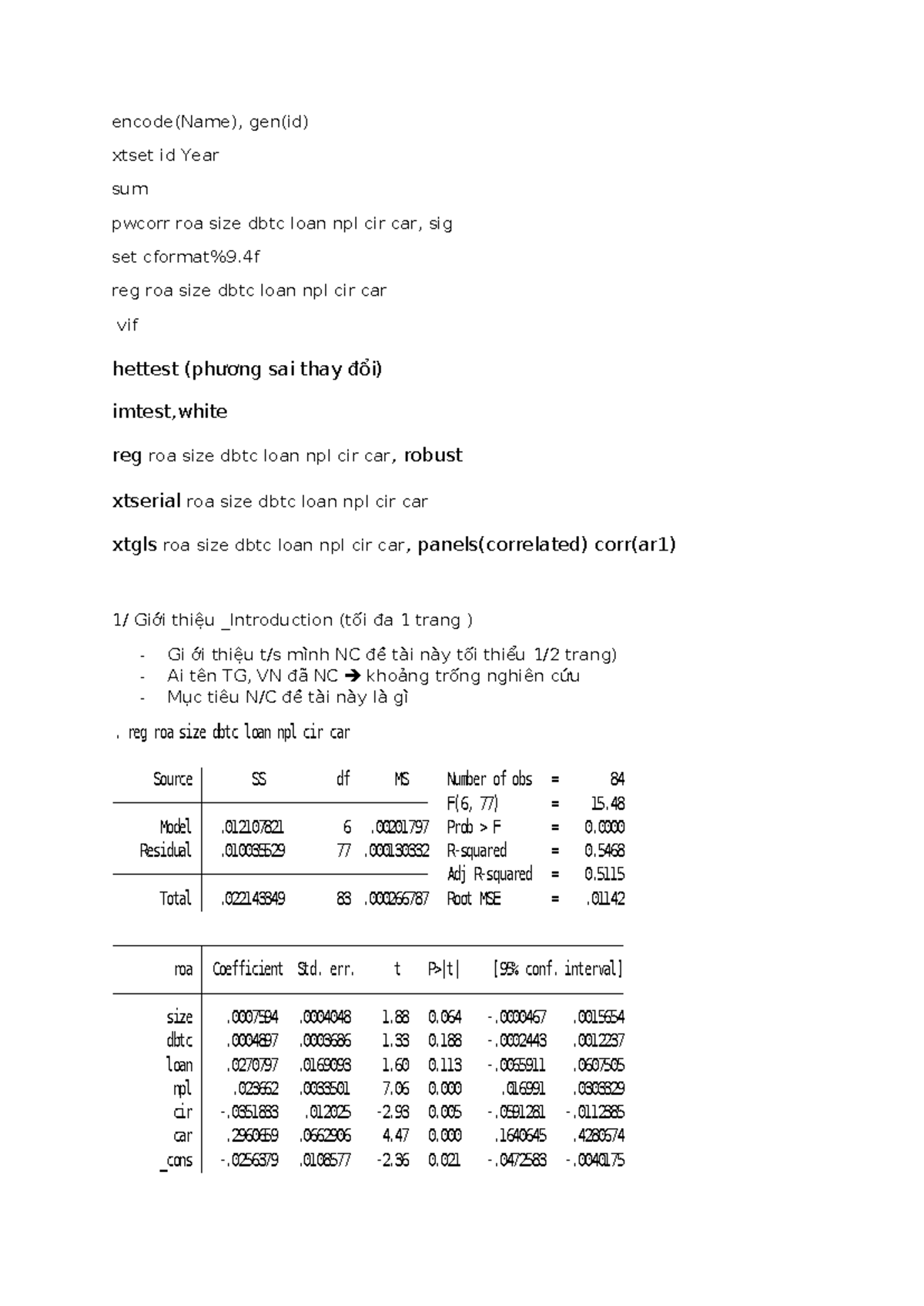 Statistical Analysis of ROA and Financial Variables (Course Code: Levit ...