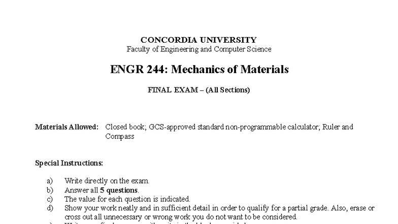 ENGR 244: Mechanics of Materials Final Exam Review Guide - Studocu