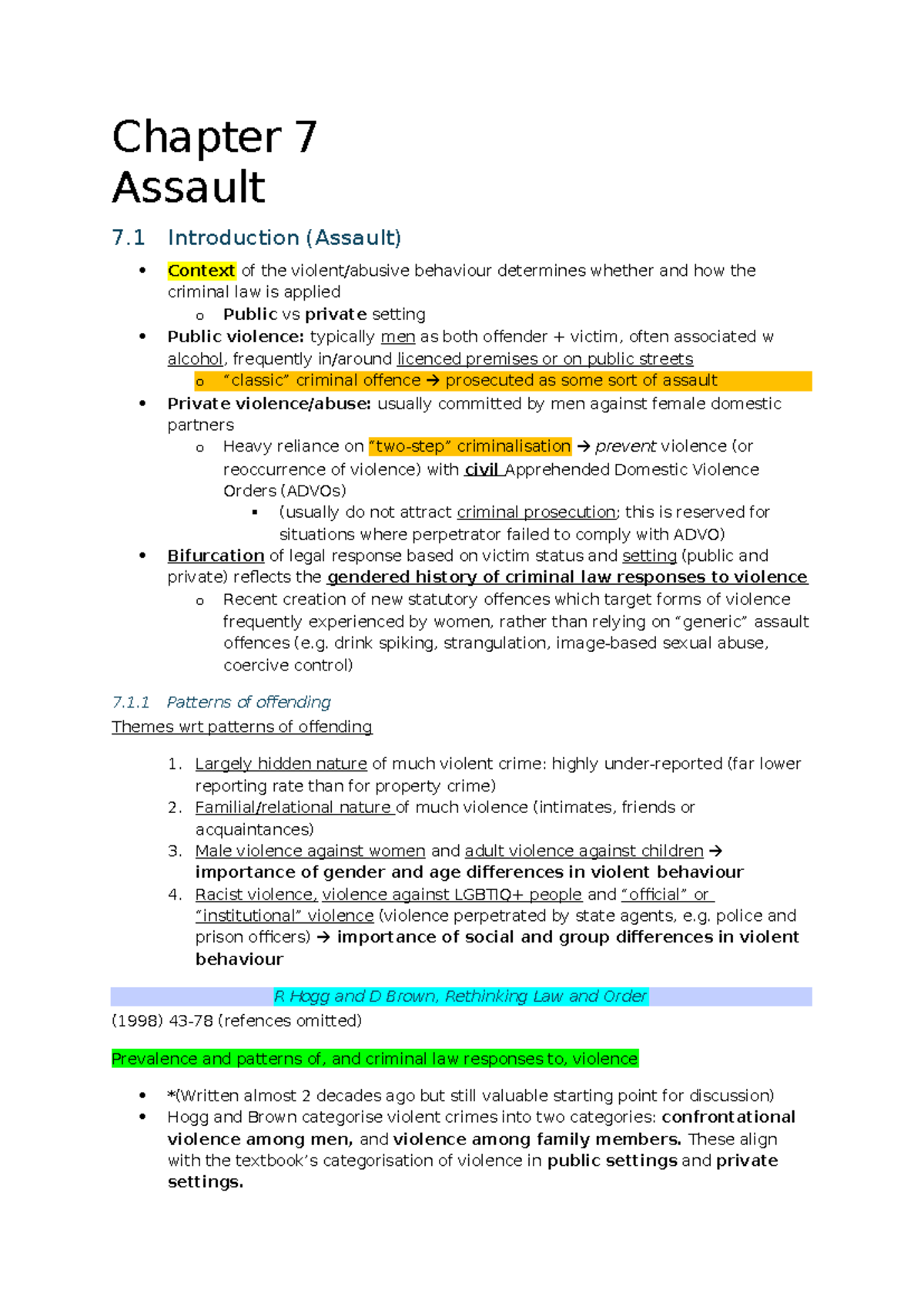 Assault Class 1 Notes: Understanding Legal Context and Patterns - Studocu