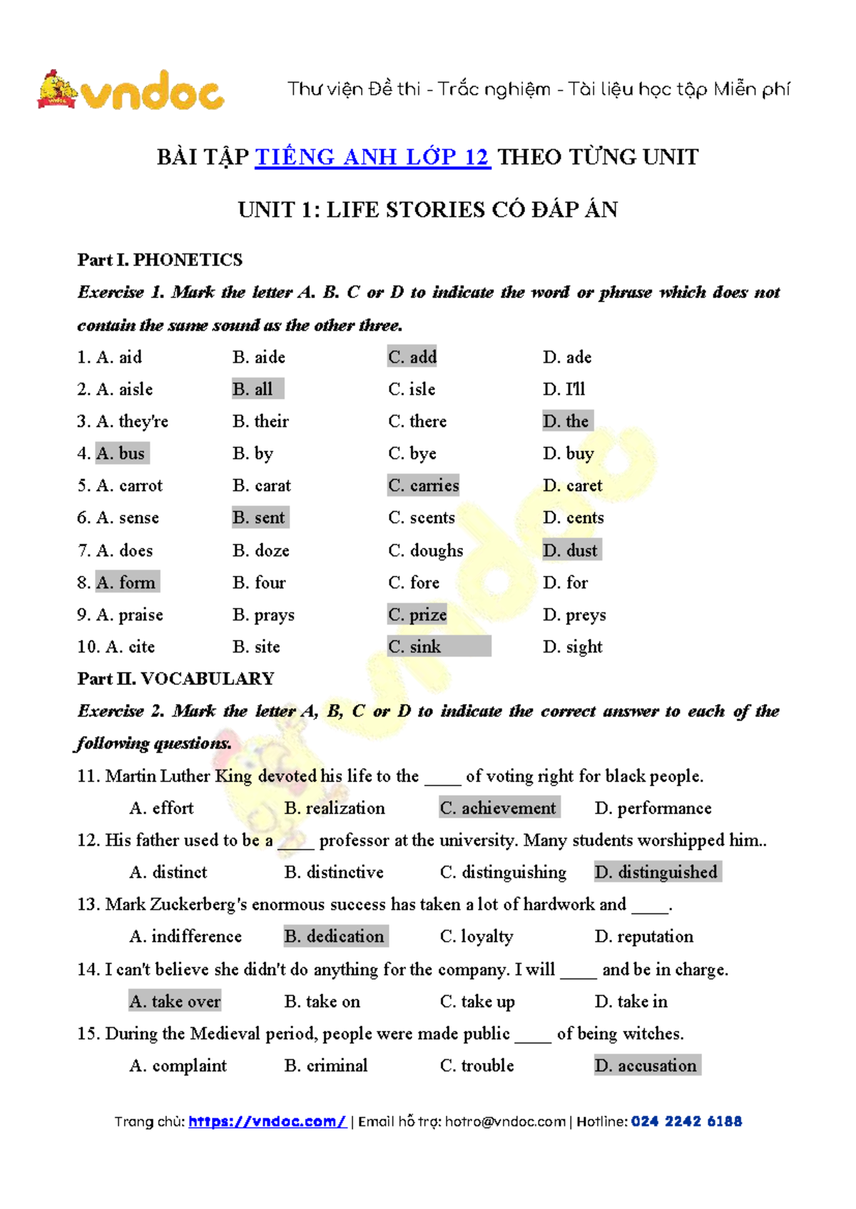 Bài Tập Tiếng Anh Lớp 12 Theo Từng Unit - Đáp Án Chi Tiết - Studocu