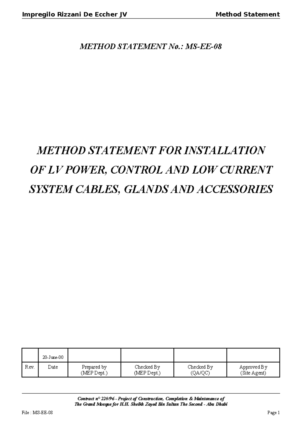 Method Statement for Installation of LV Power Cables, Glands ...