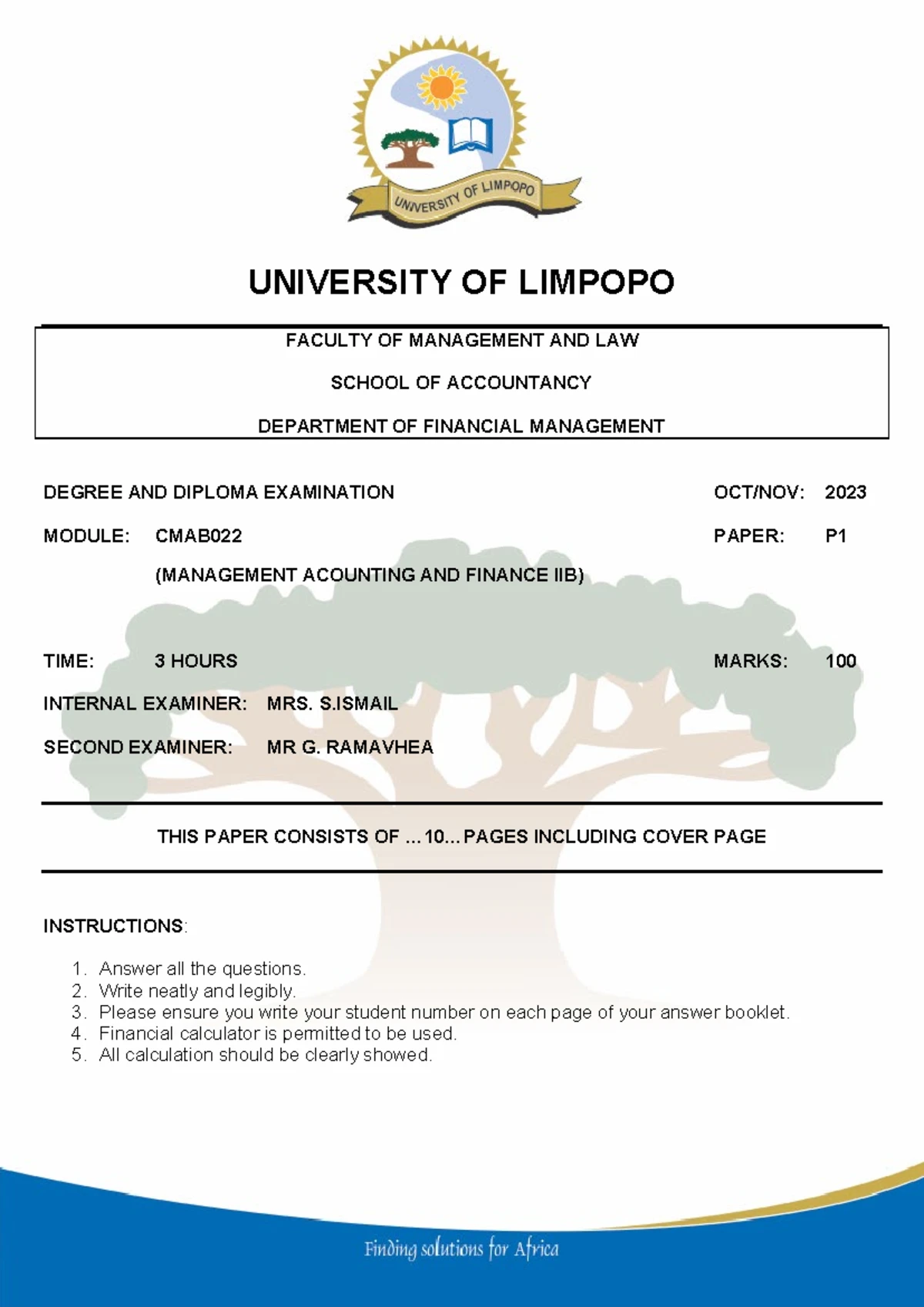 CMAB022 MANAGEMENT ACCOUNTING & FINANCE IIB TEST 1 MEMO - Studocu