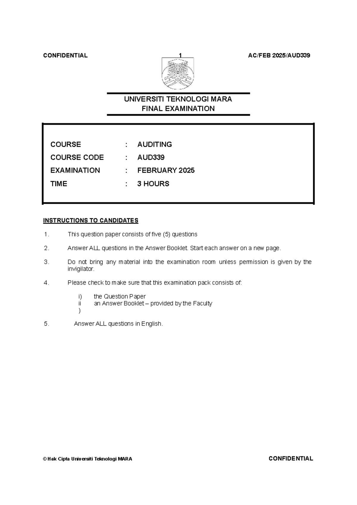 Feb 2025 AUD339 Final Exam Questions and Guidelines - Studocu