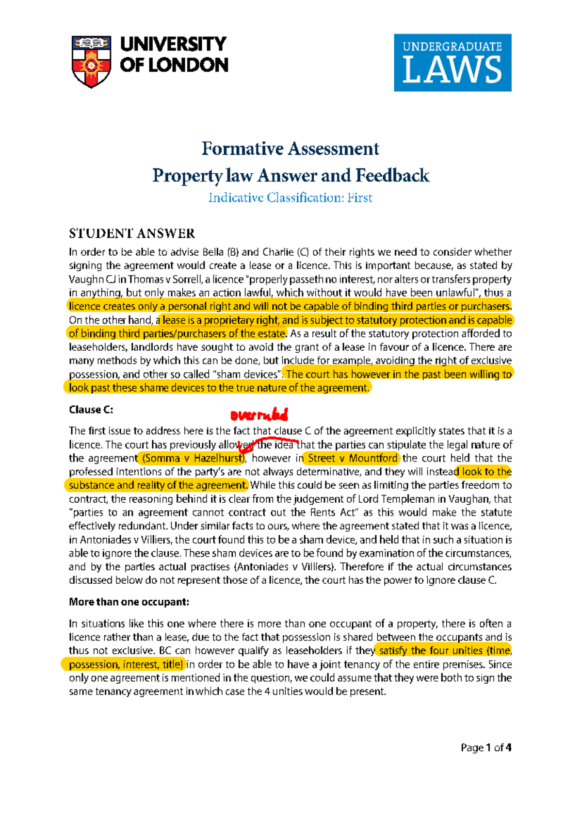 Property Law Assessment - Grade: First Class Answer Analysis - Studocu