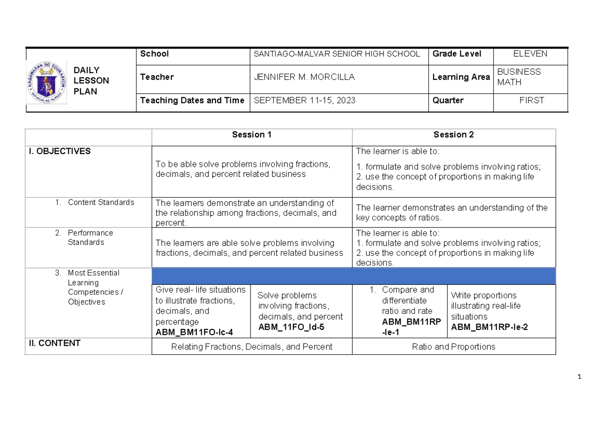 Business Math DLL - Daily Lesson Plan for ABM 11 (Sept. 11-15, 2023 ...