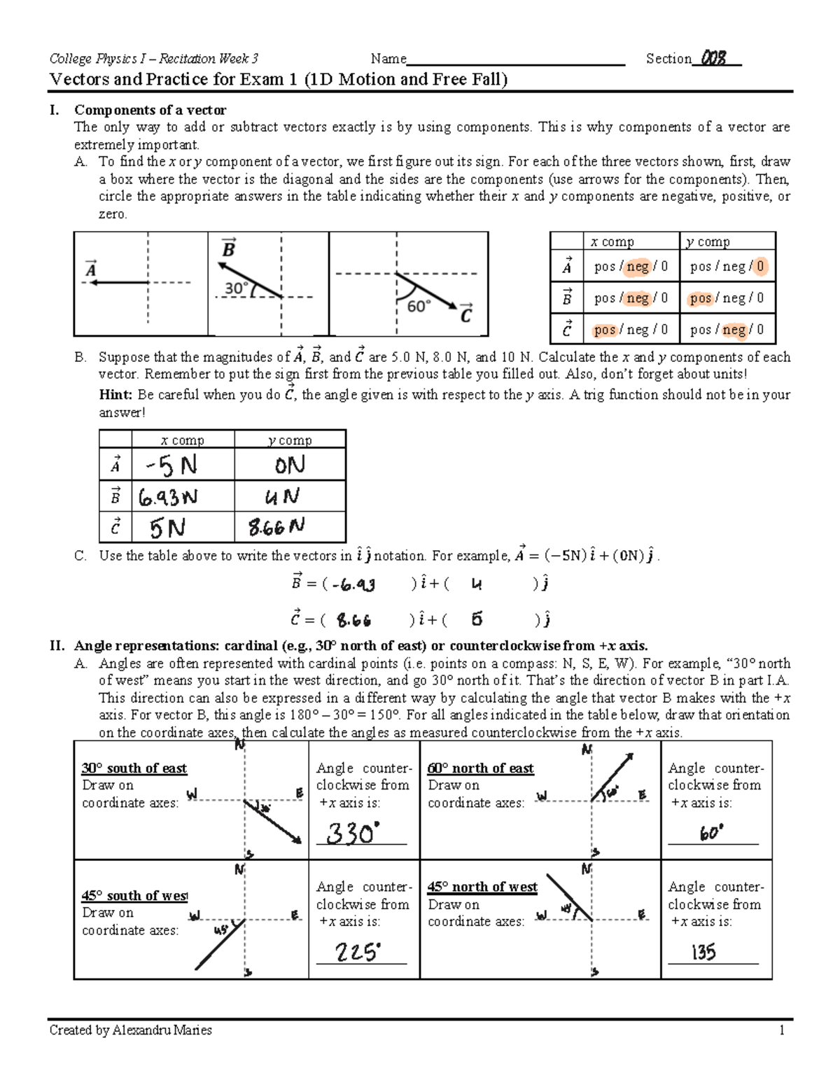 CP1 - Recitation 3: Vectors & 1D Motion Practice for Exam 1 - Studocu