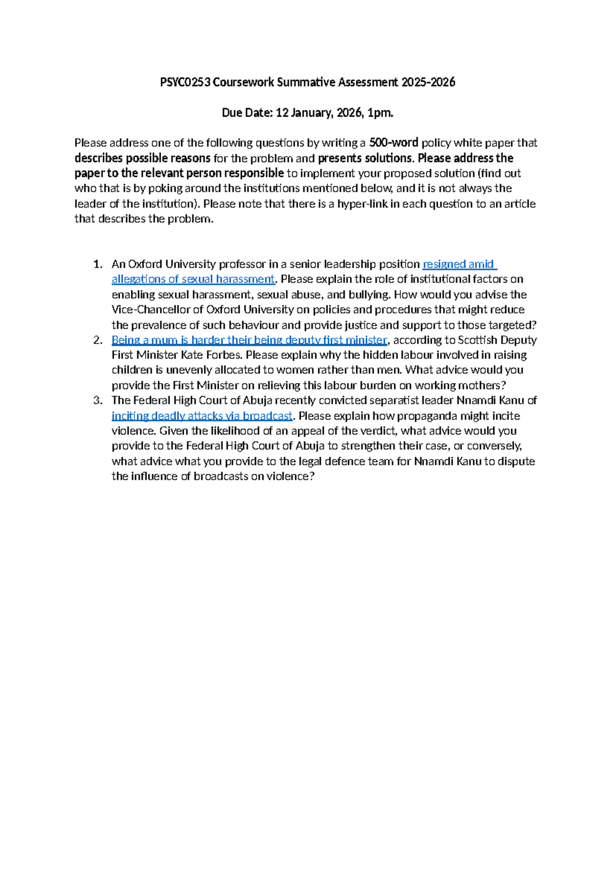 PSYC0253 Policy White Paper: Addressing Key Social Issues 2025 - Studocu