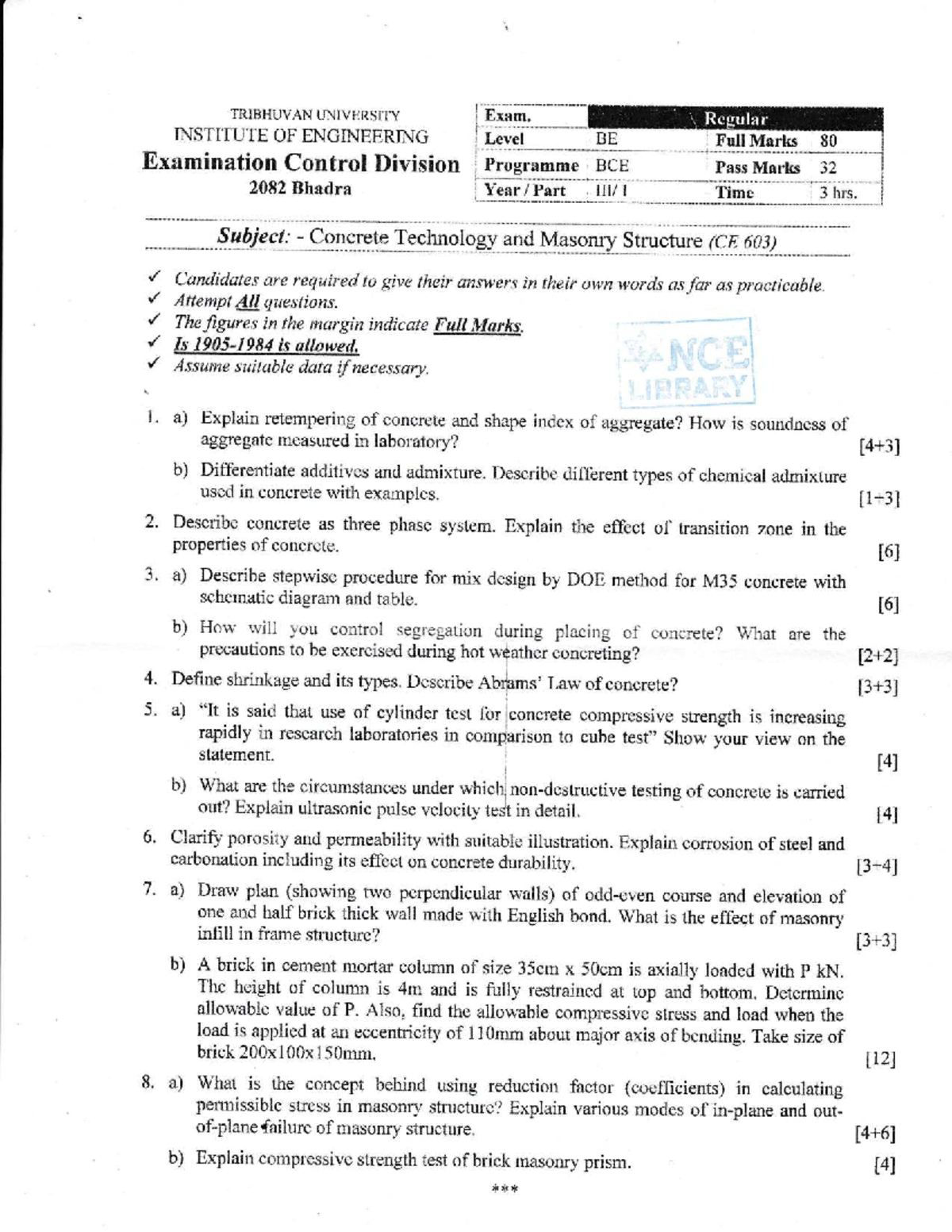 Concrete Technology and Masonry Structure (CE 603) Exam Practice ...