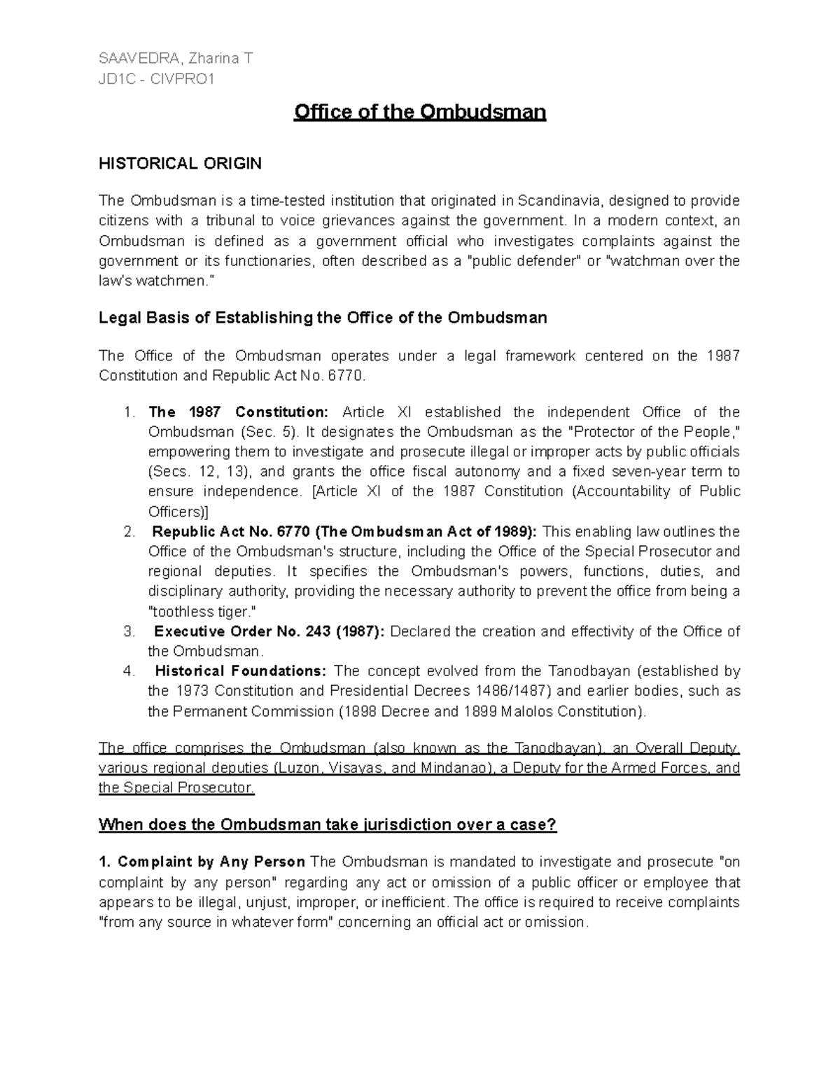 Ombudsman Jurisdiction and Investigation Procedures: AAVEDRA - Studocu