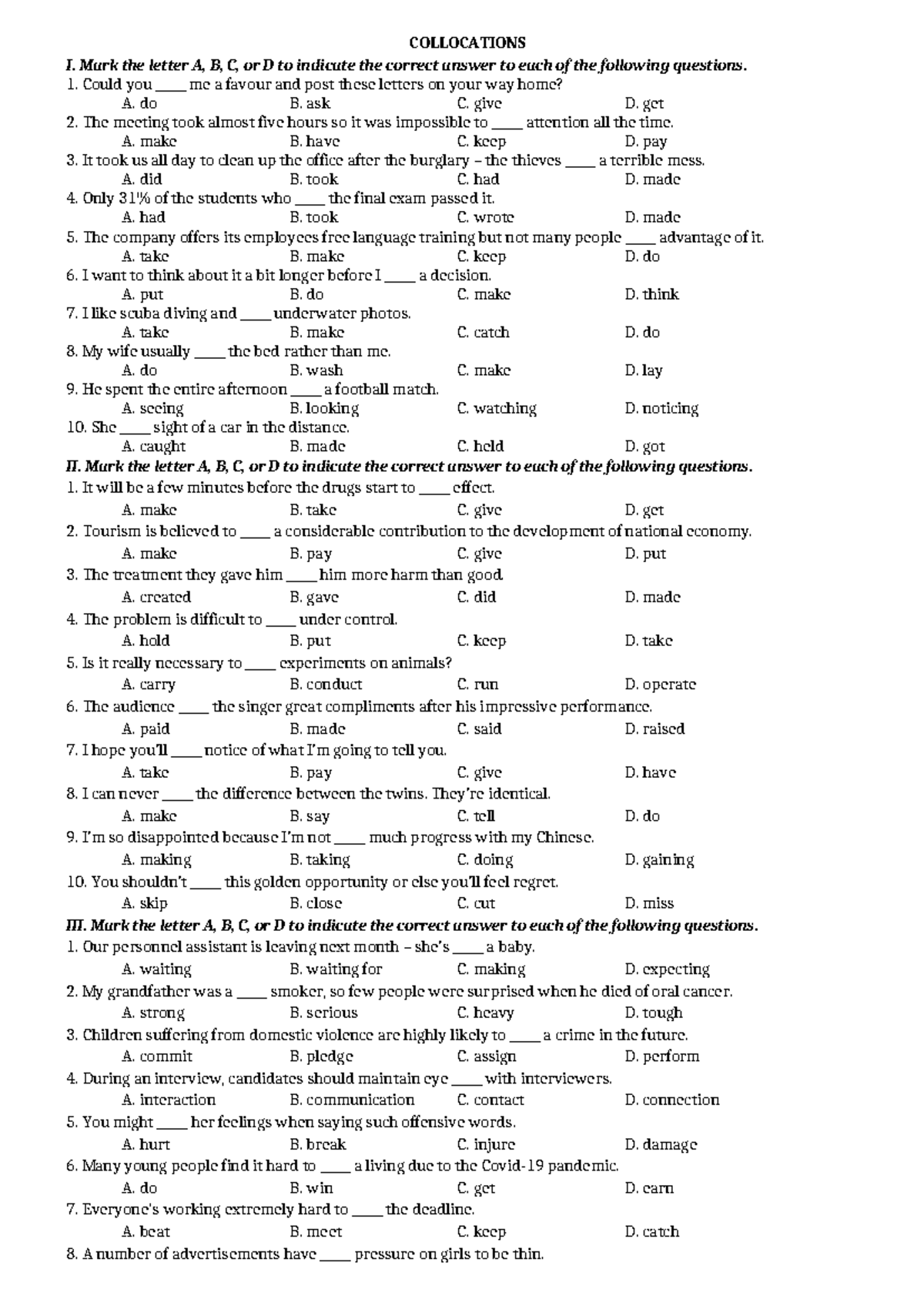 TEST 6 - Collocations Quiz Answers - Studocu