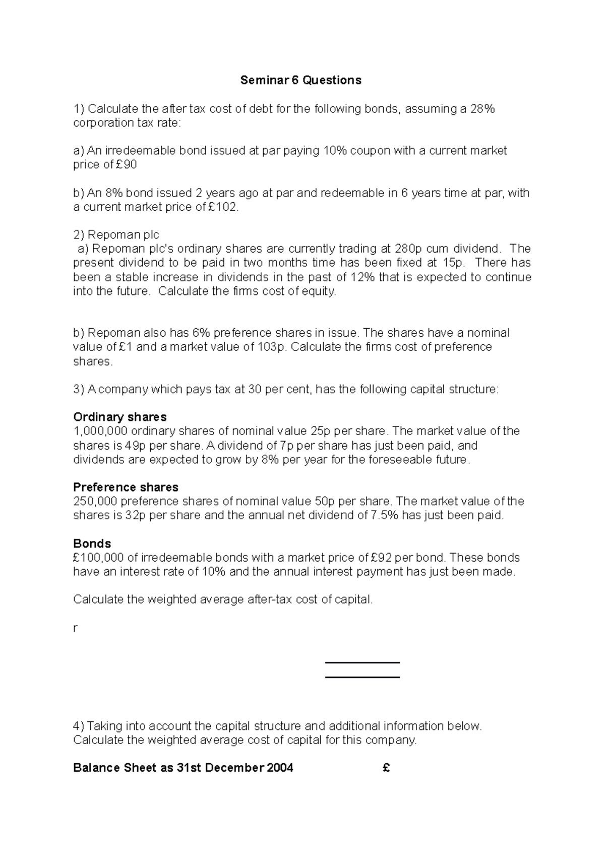 WACC Calculation: Seminar 6 Questions & Scenarios Analysis - Studocu